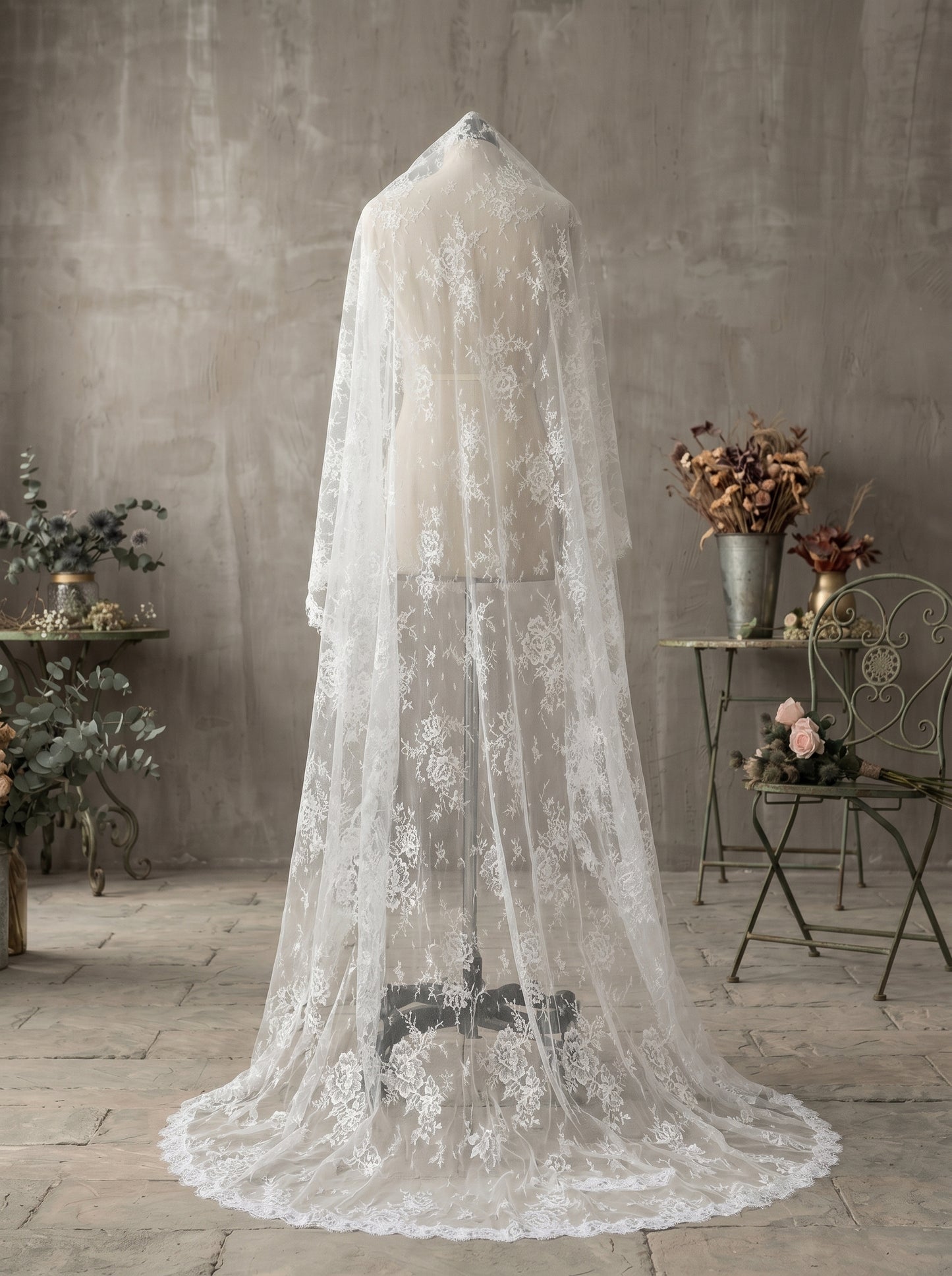 Luxury Full Lace Overlay Chapel Veil, 250cm Retro Embroidered Sheer Tulle Train, Elegant Classic Heirloom Wedding Veil  LUNA-X210