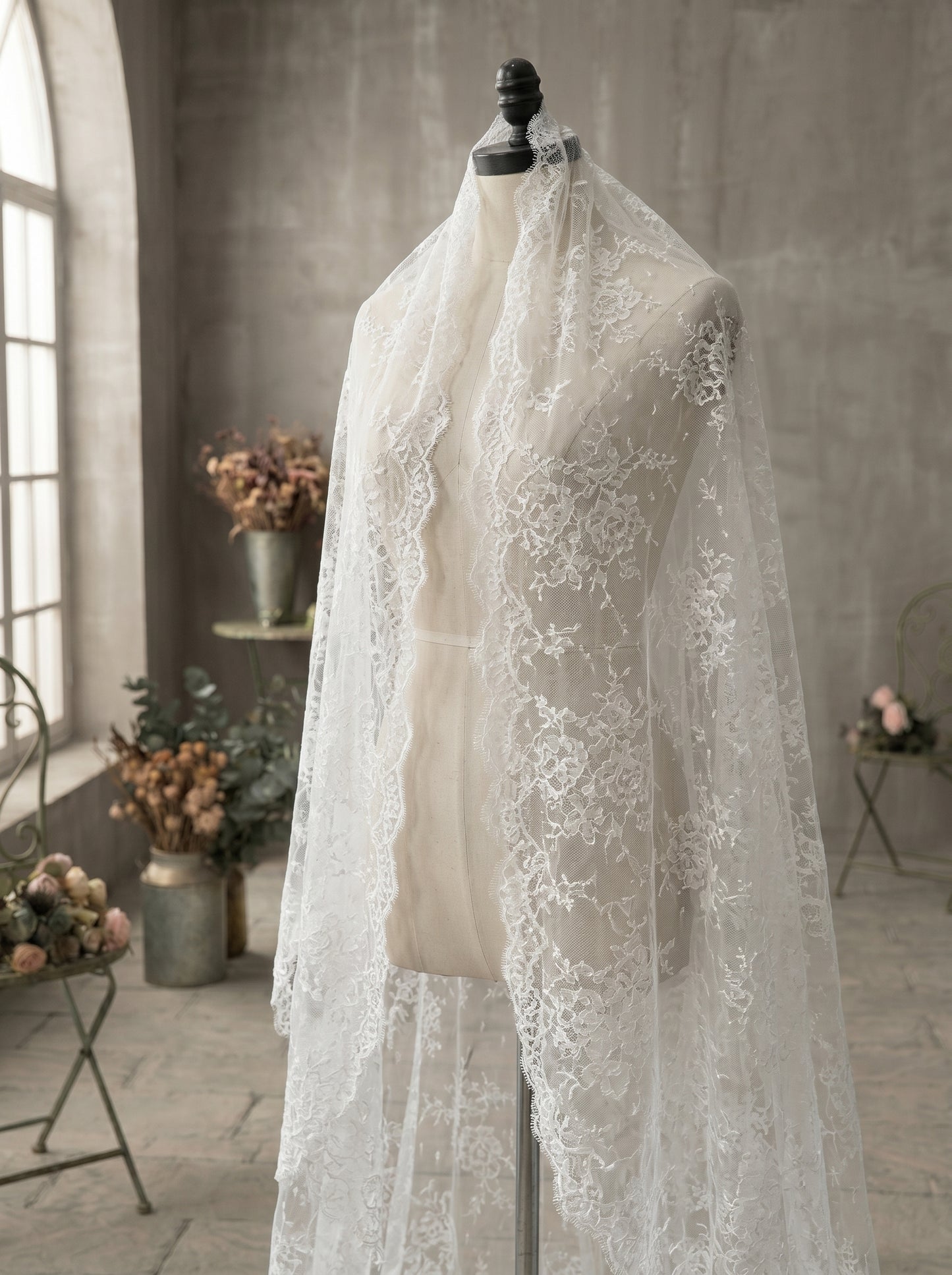 Luxury Full Lace Overlay Chapel Veil, 250cm Retro Embroidered Sheer Tulle Train, Elegant Classic Heirloom Wedding Veil  LUNA-X210