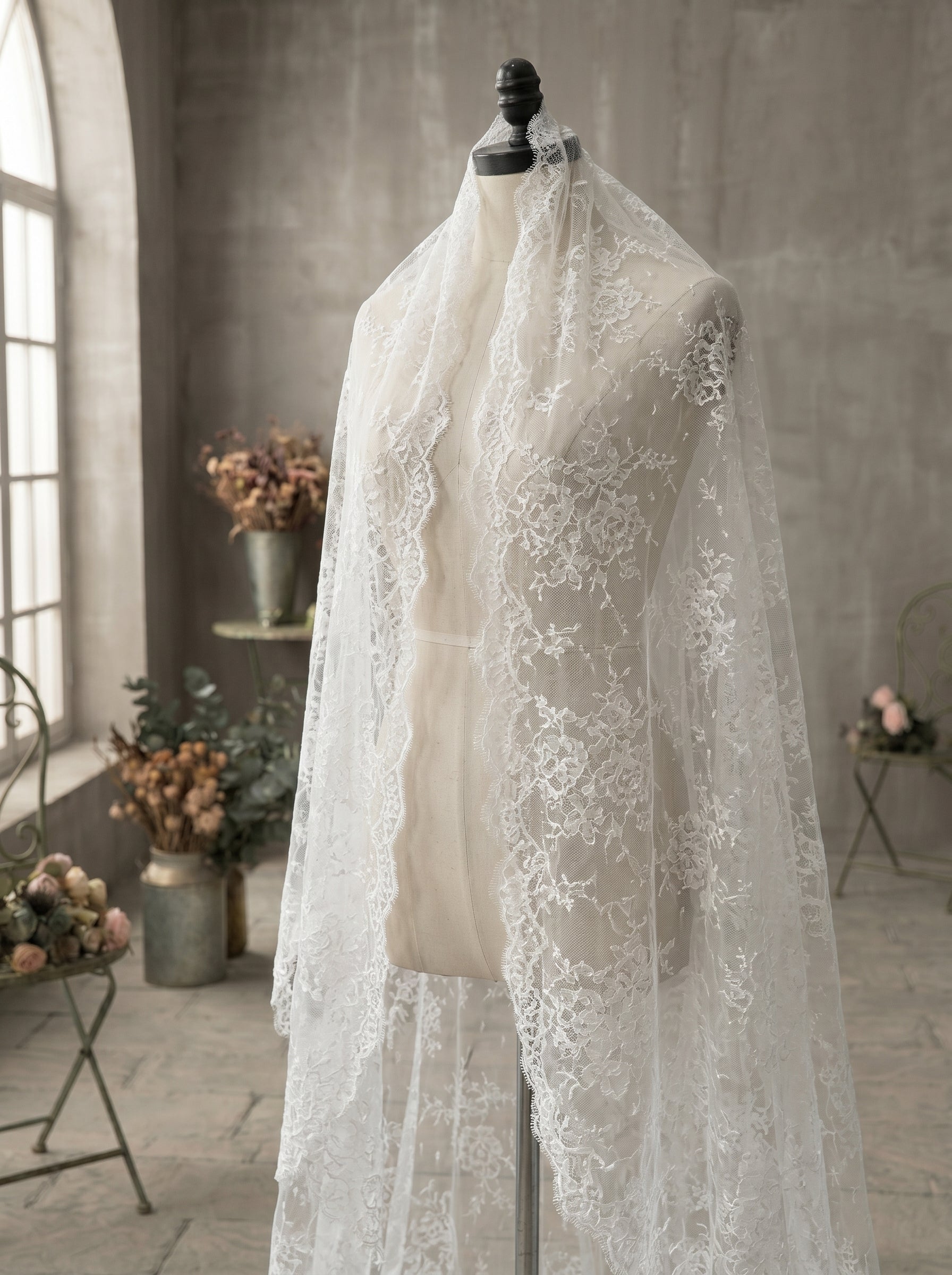 Luxury Full Lace Overlay Chapel Veil, 250cm Retro Embroidered Sheer Tulle Train, Elegant Classic Heirloom Wedding Veil  LUNA-X210