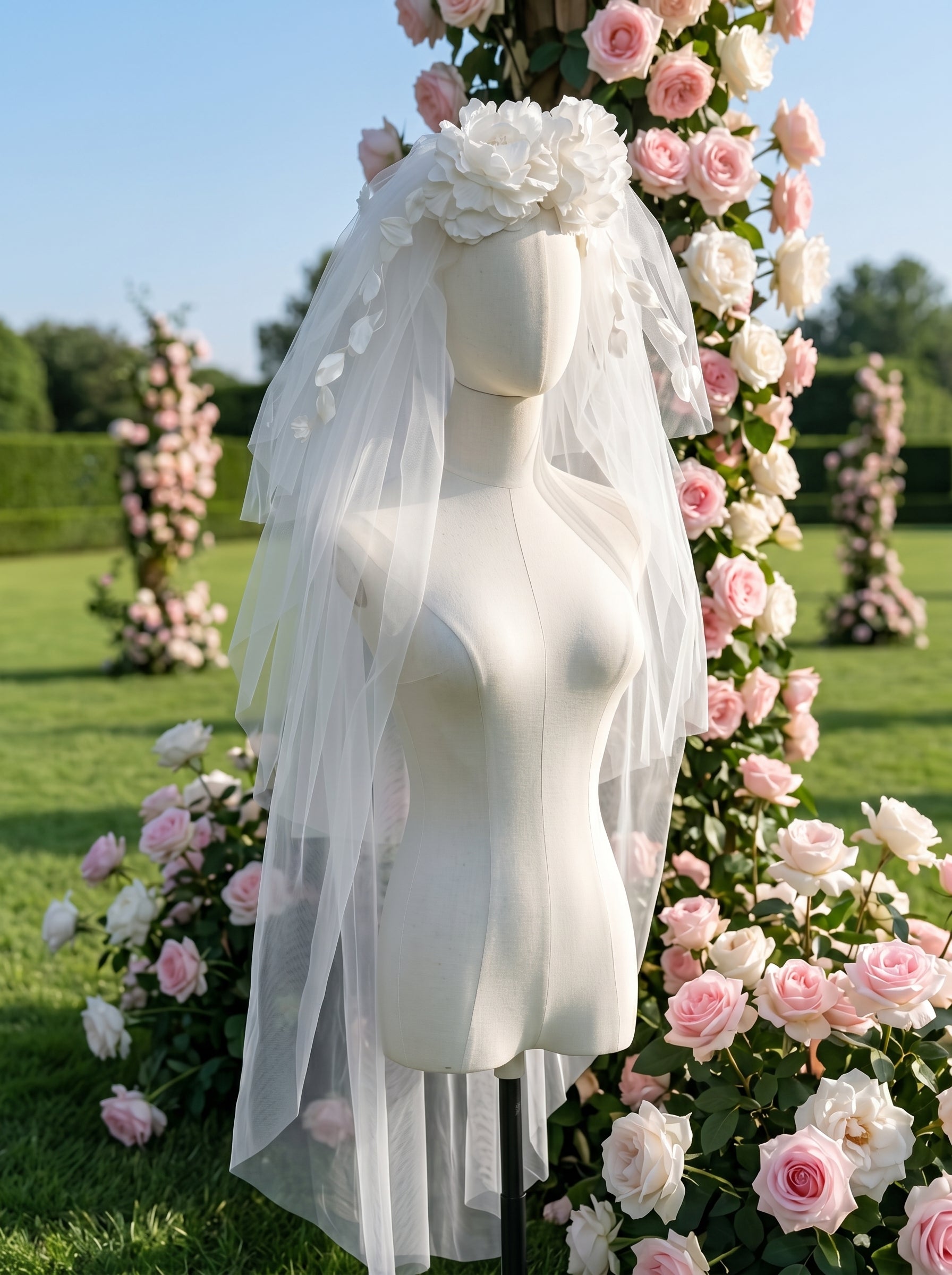 French Cottagecore Wedding Veil with 3D Silk Flower Crown - Romantic Multi Tiered Fingertip Bridal Veil  LUNA-X211