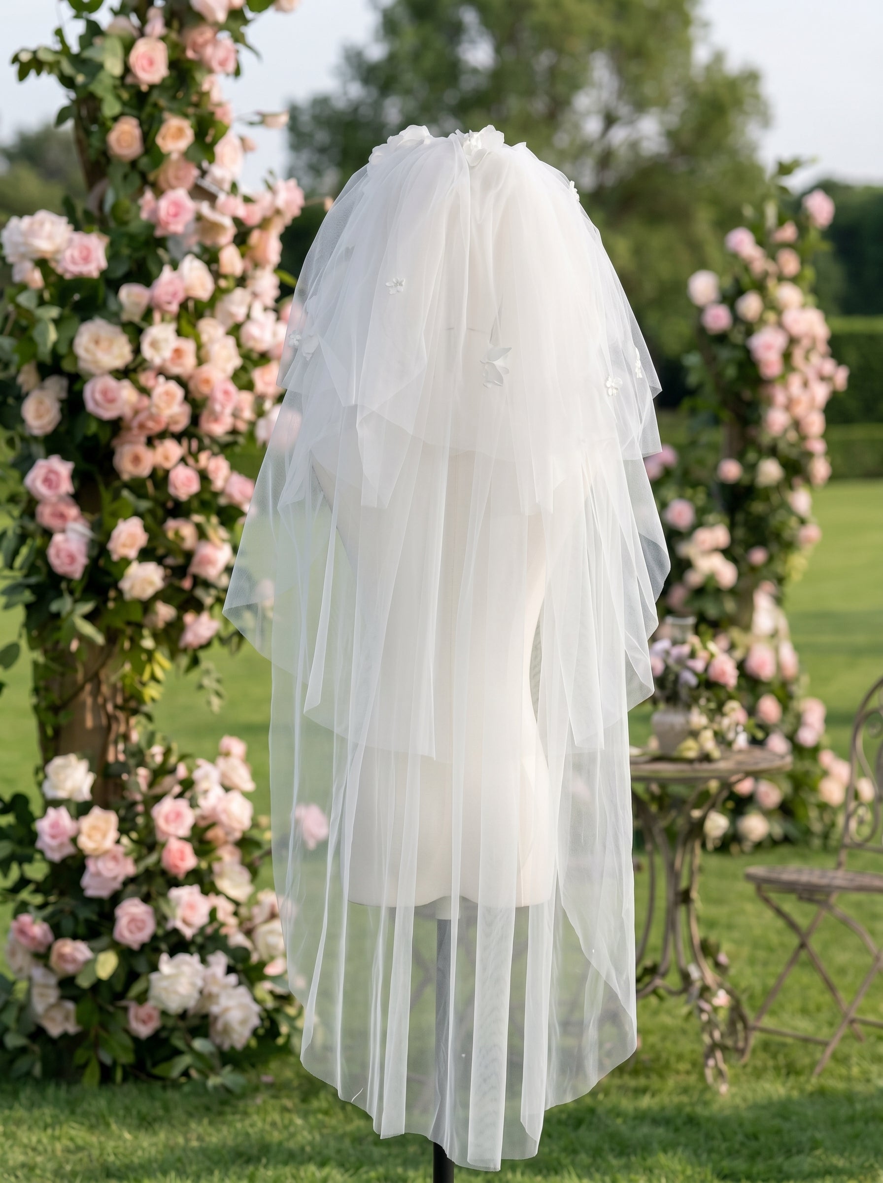 French Cottagecore Wedding Veil with 3D Silk Flower Crown - Romantic Multi Tiered Fingertip Bridal Veil  LUNA-X211