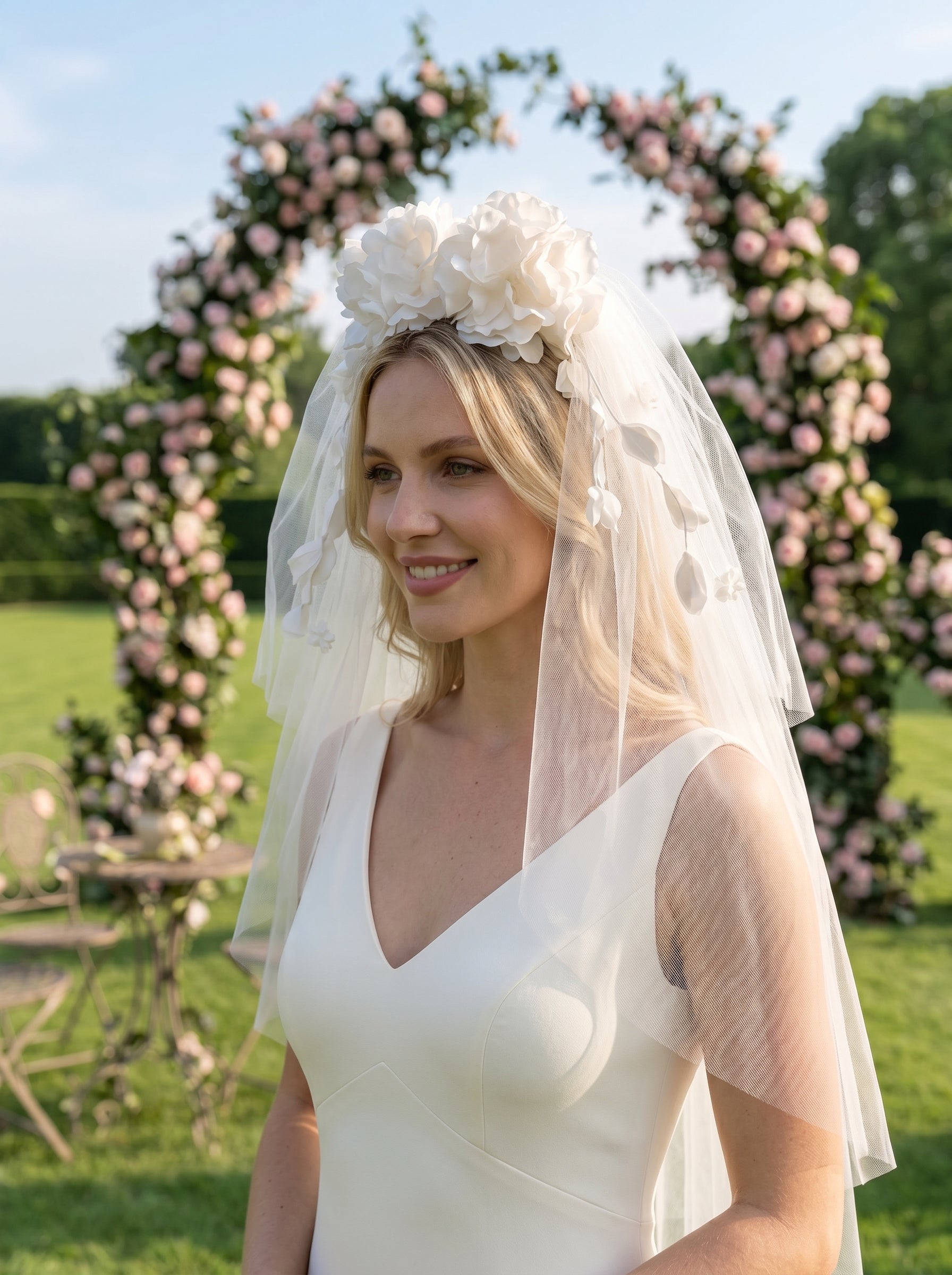 French Cottagecore Wedding Veil with 3D Silk Flower Crown - Romantic Multi Tiered Fingertip Bridal Veil  LUNA-X211