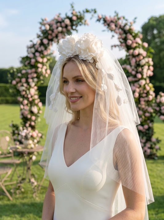 French Cottagecore Wedding Veil with 3D Silk Flower Crown - Romantic Multi Tiered Fingertip Bridal Veil  LUNA-X211