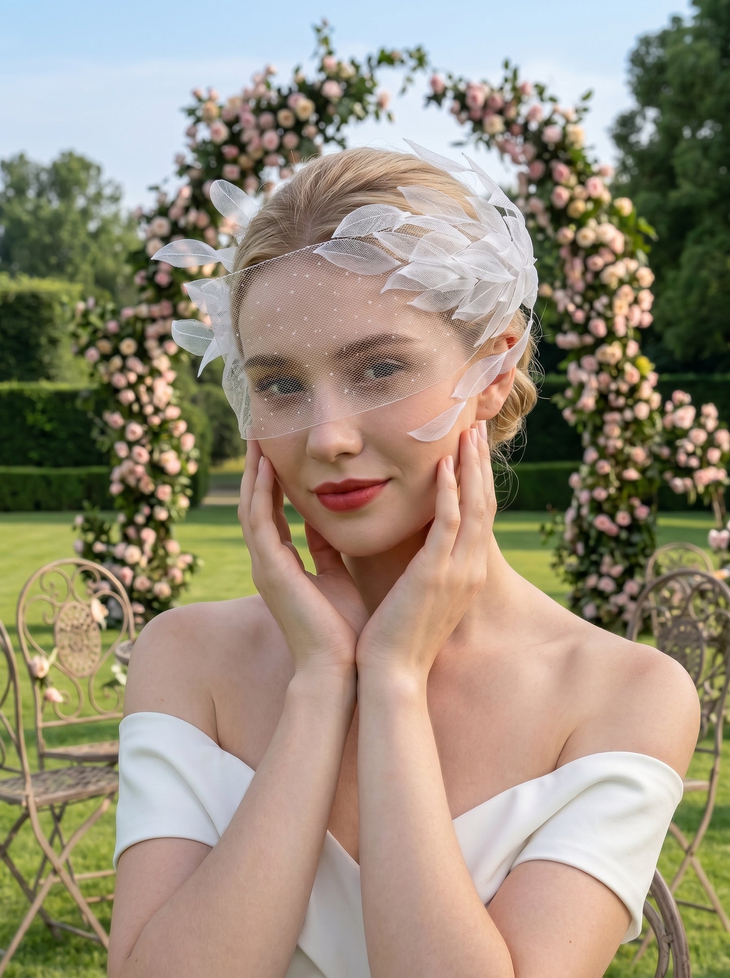 Botanical Leaf Birdcage Veil Set - Handmade 3-Piece Couture Bridal Bandeau Veil with Statement Leaf Hair Clips  LUNA-X213