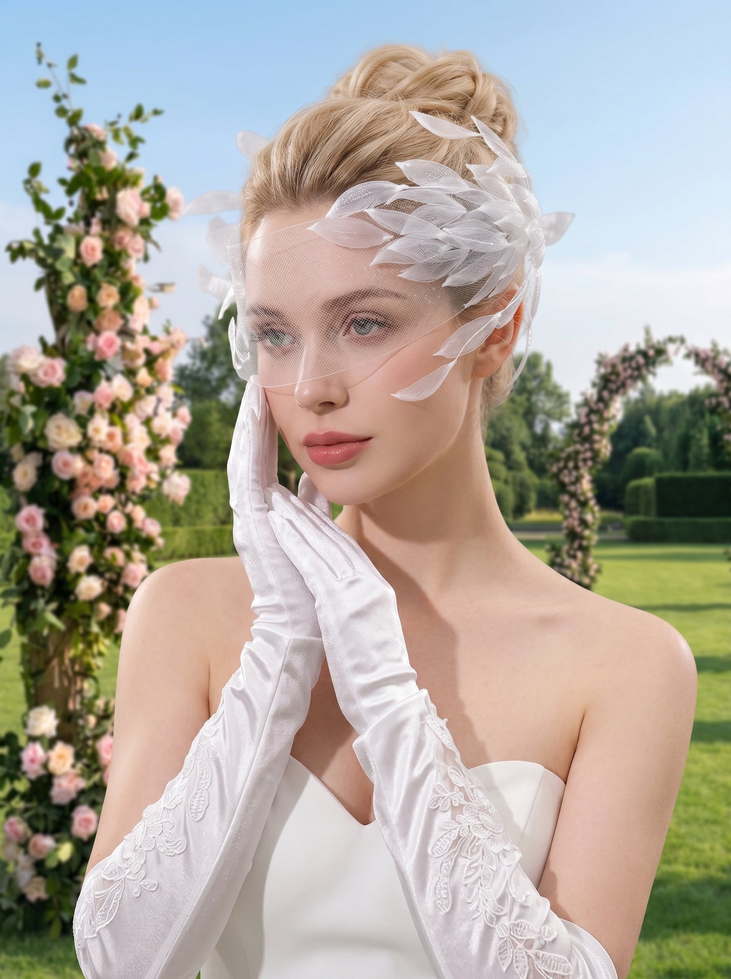 Botanical Leaf Birdcage Veil Set - Handmade 3-Piece Couture Bridal Bandeau Veil with Statement Leaf Hair Clips  LUNA-X213
