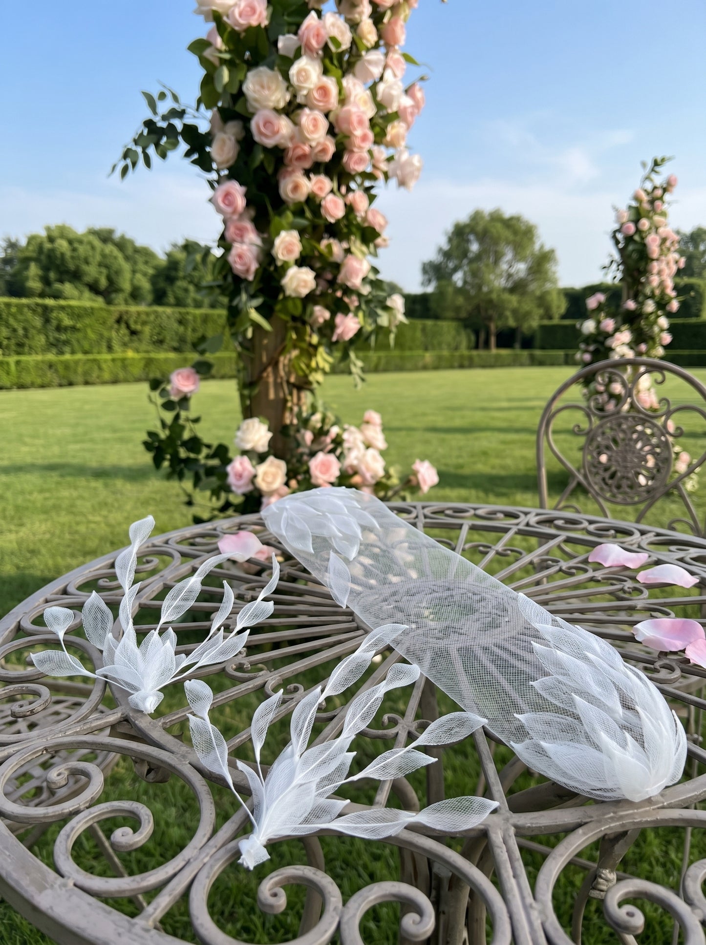 Botanical Leaf Birdcage Veil Set - Handmade 3-Piece Couture Bridal Bandeau Veil with Statement Leaf Hair Clips  LUNA-X213
