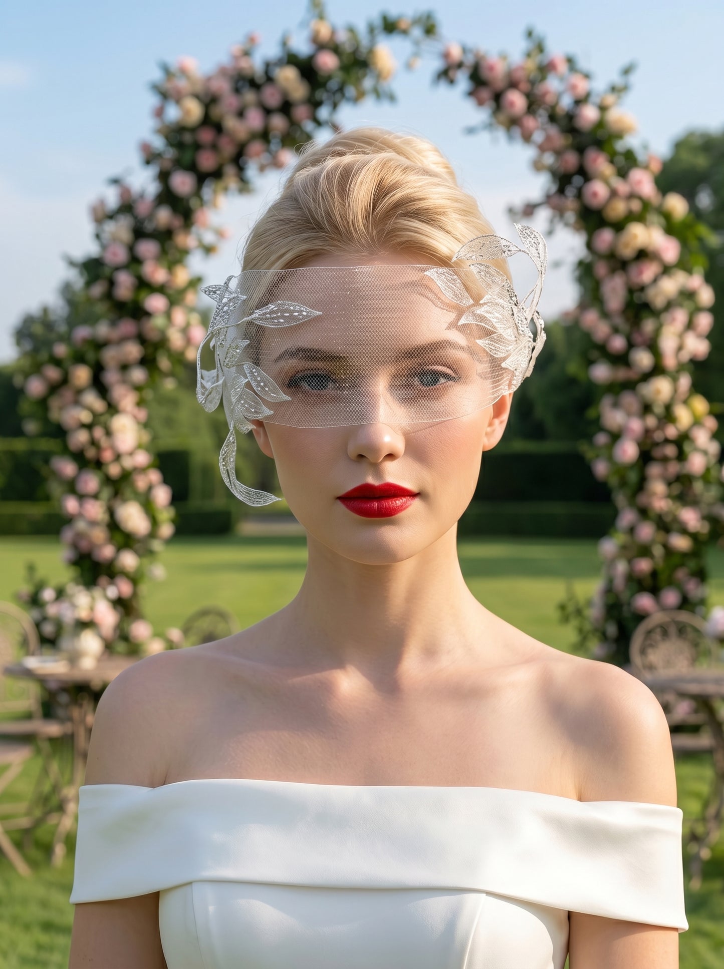 Botanical Leaf Birdcage Veil Set - Handmade 3-Piece Couture Bridal Bandeau Veil with Statement Leaf Hair Clips  LUNA-X213