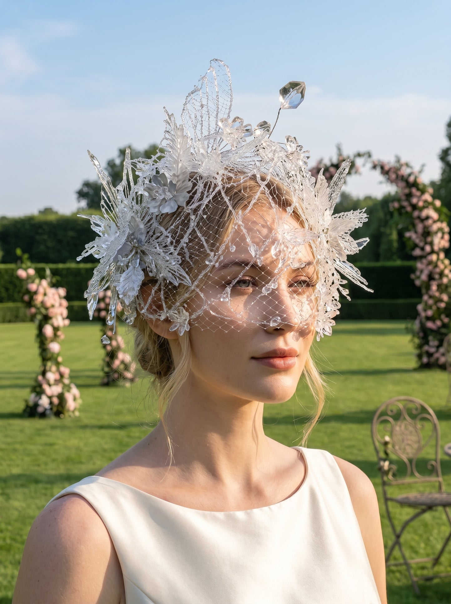 Elven Bridal Headpiece with Icicle Cage Veil Handmade Woodland Fairy Wedding Cap with High-Shine Shimmer | LUNA-X214