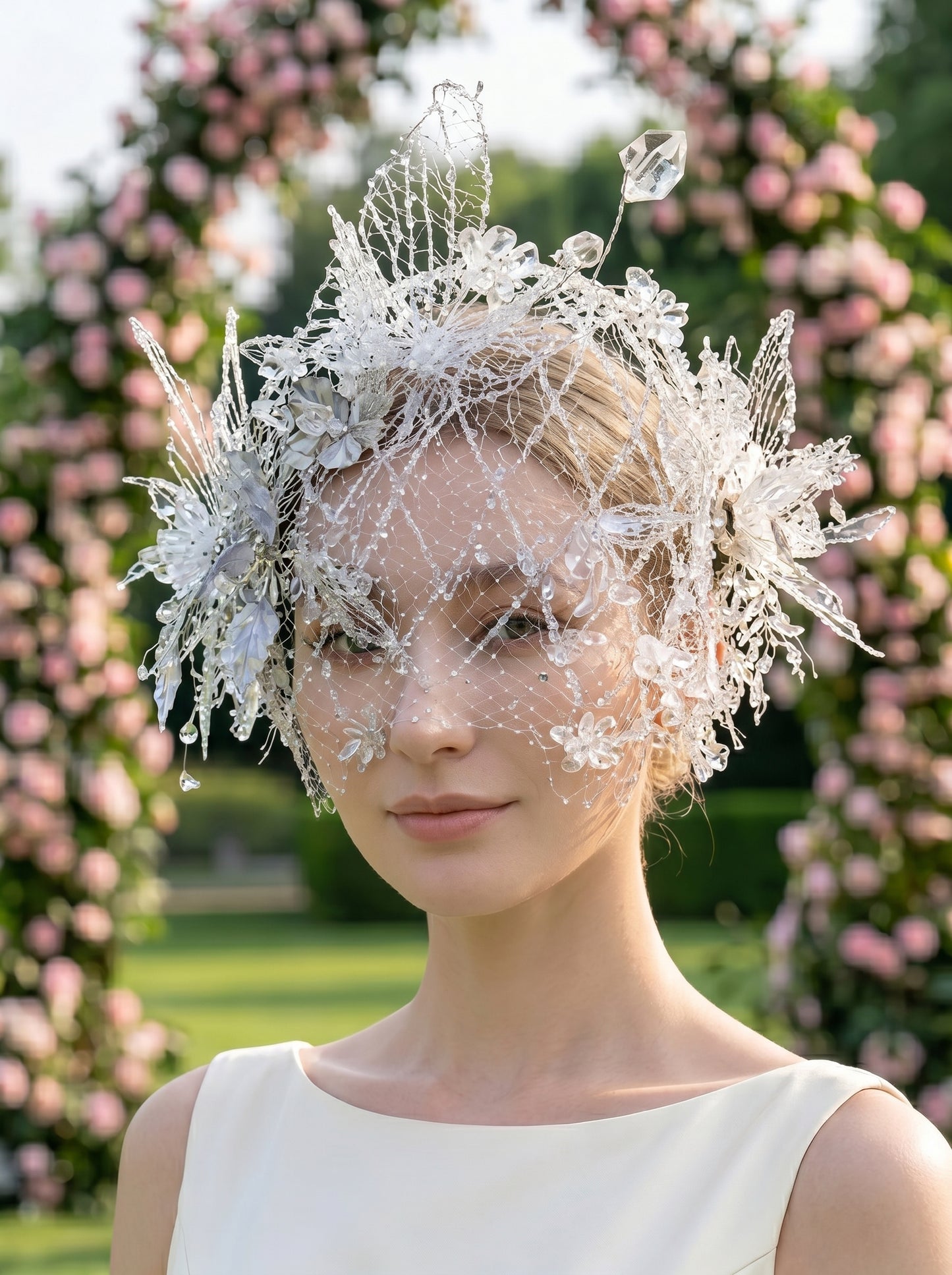Elven Bridal Headpiece with Icicle Cage Veil Handmade Woodland Fairy Wedding Cap with High-Shine Shimmer | LUNA-X214