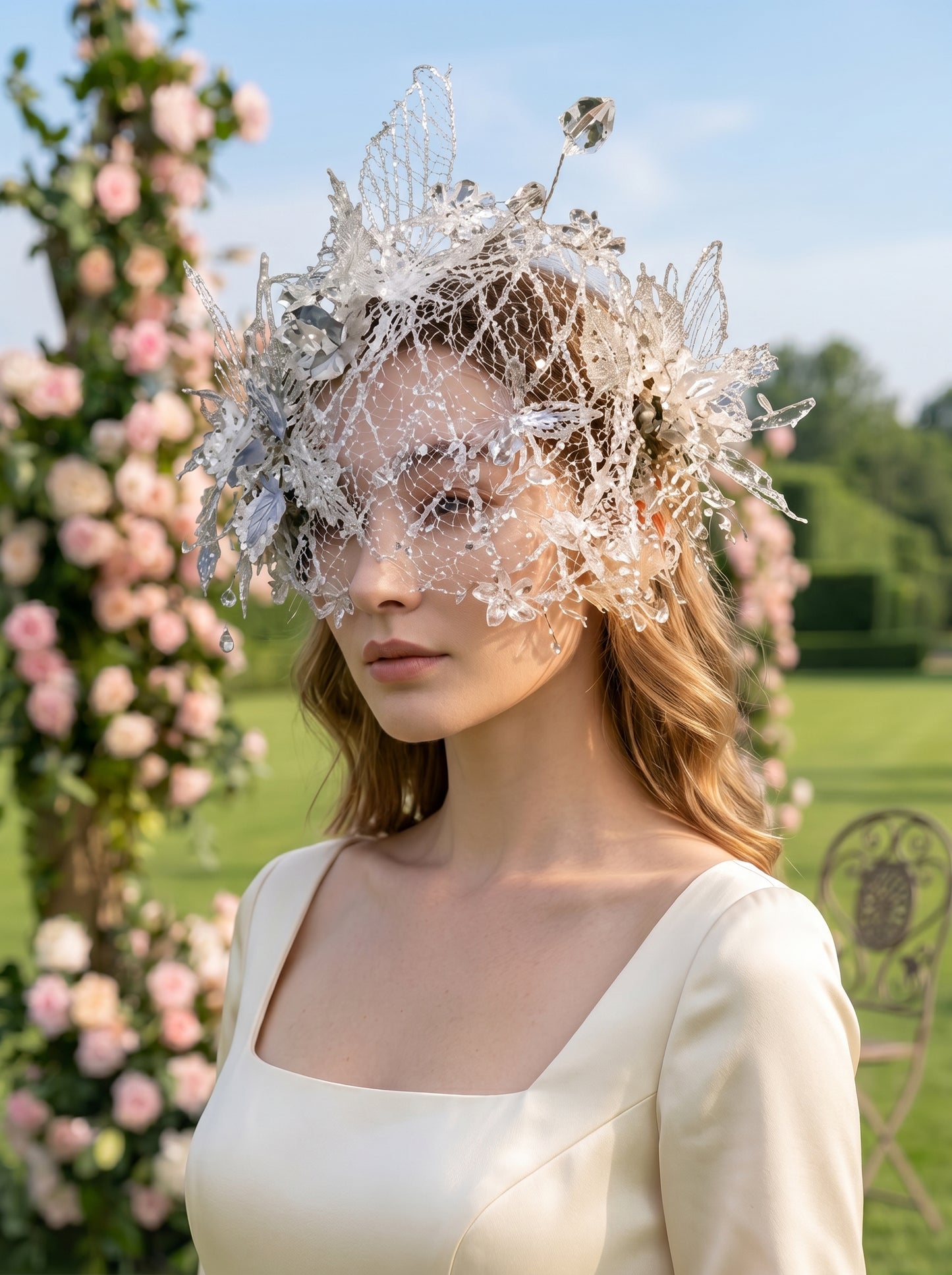 Elven Bridal Headpiece with Icicle Cage Veil Handmade Woodland Fairy Wedding Cap with High-Shine Shimmer | LUNA-X214