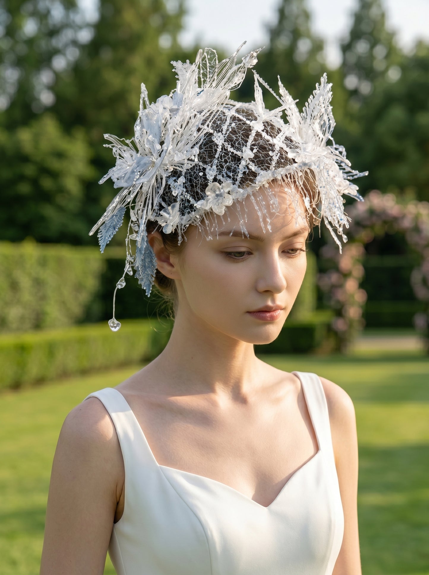 Elven Bridal Headpiece with Icicle Cage Veil Handmade Woodland Fairy Wedding Cap with High-Shine Shimmer | LUNA-X214