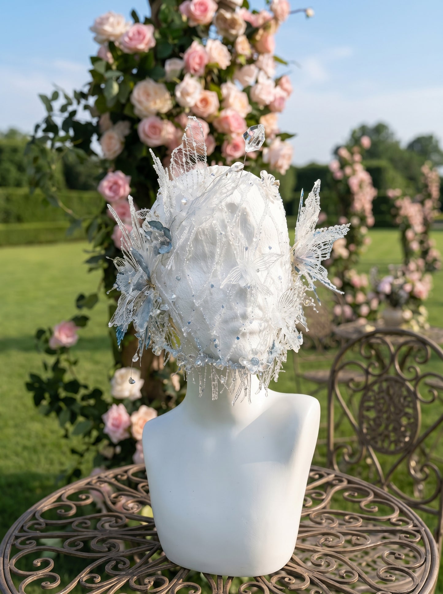 Elven Bridal Headpiece with Icicle Cage Veil Handmade Woodland Fairy Wedding Cap with High-Shine Shimmer | LUNA-X214