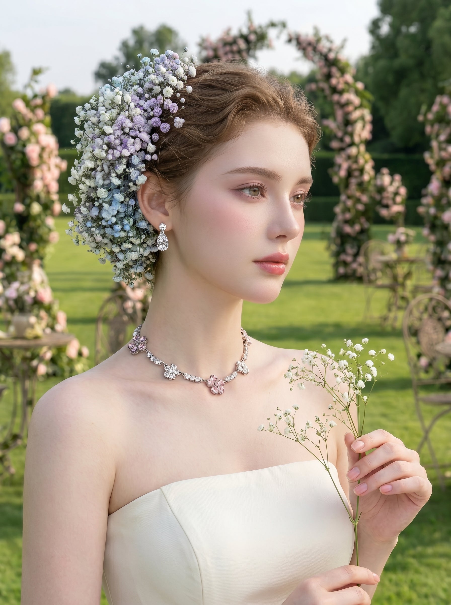 Pastel Baby's Breath Bridal Hair Clip Set - 2PCS French Cottagecore Garden Wedding Flower Clips for Brides  LUNA-X219