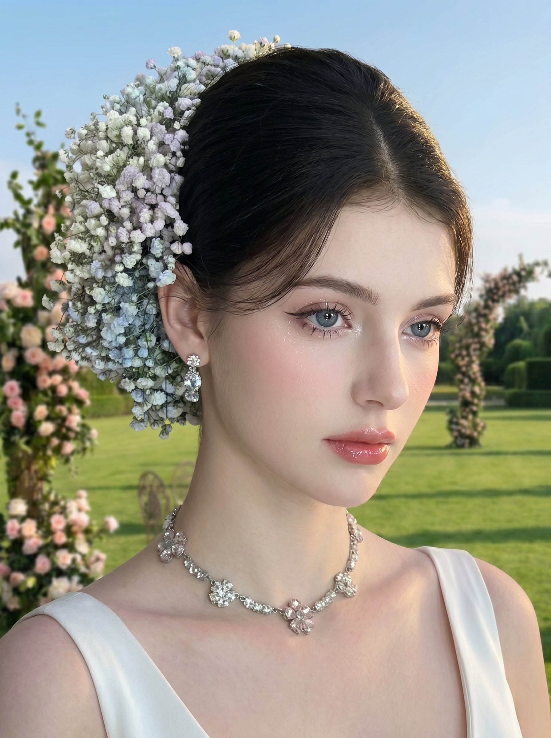 Pastel Baby's Breath Bridal Hair Clip Set - 2PCS French Cottagecore Garden Wedding Flower Clips for Brides  LUNA-X219