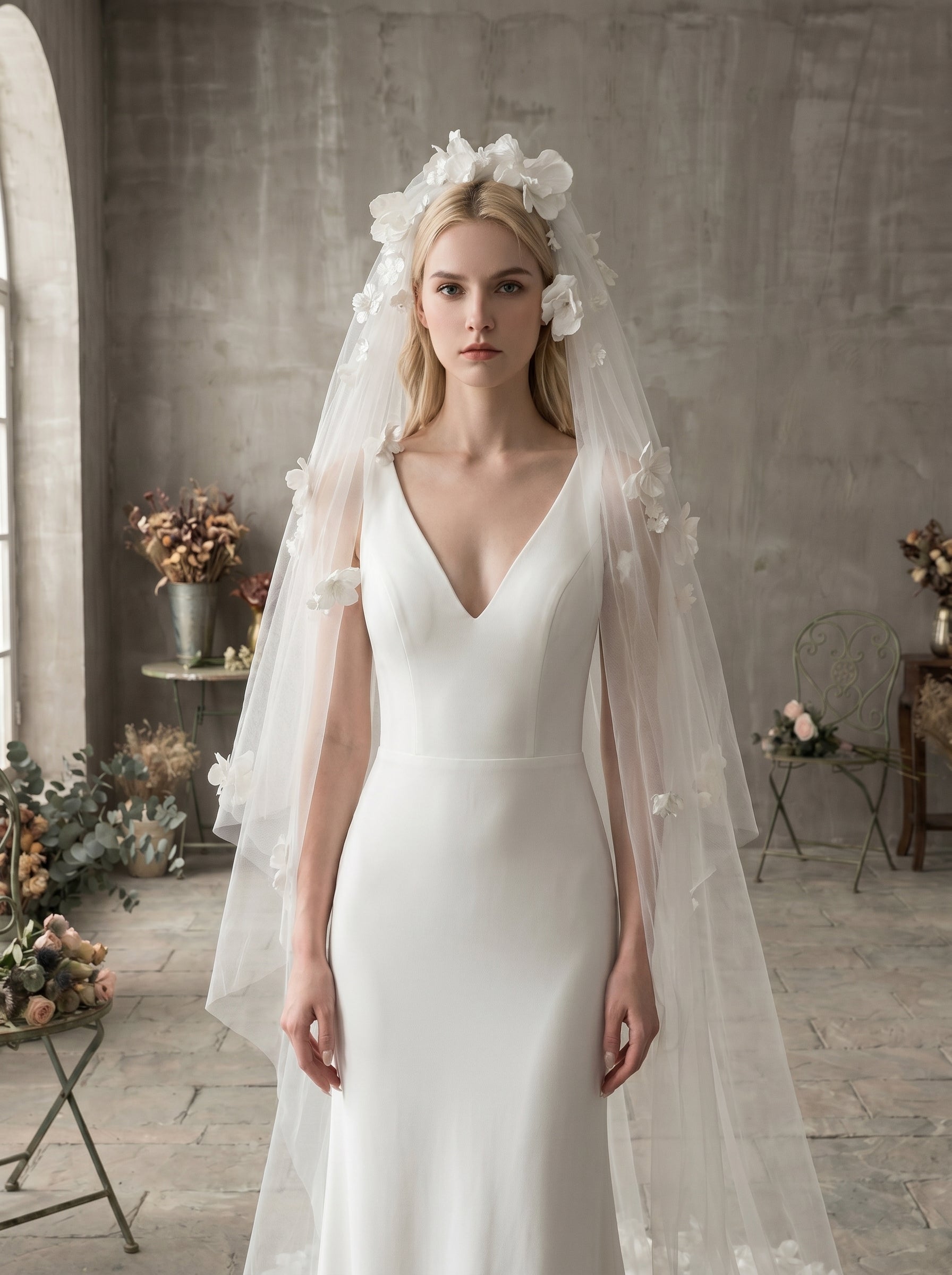 Classic Two-Tier Chapel Wedding Veil - 82 Elegant Soft Tulle Veil with 35 Blusher & Attached Comb LUNA-X21