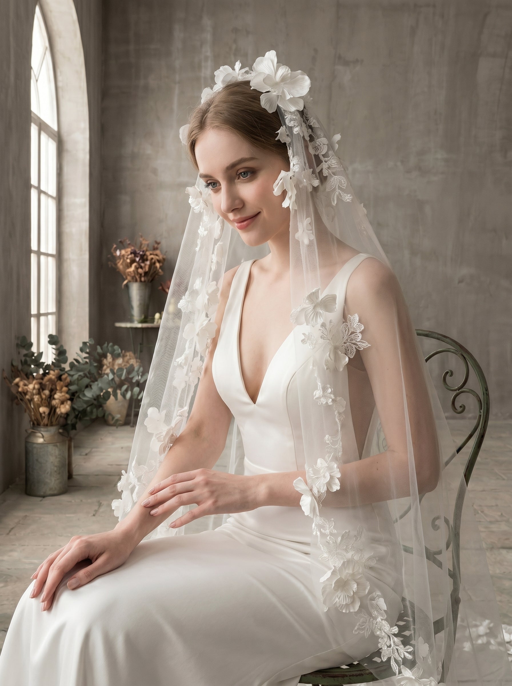 Classic Two-Tier Chapel Wedding Veil - 82 Elegant Soft Tulle Veil with 35 Blusher & Attached Comb LUNA-X21
