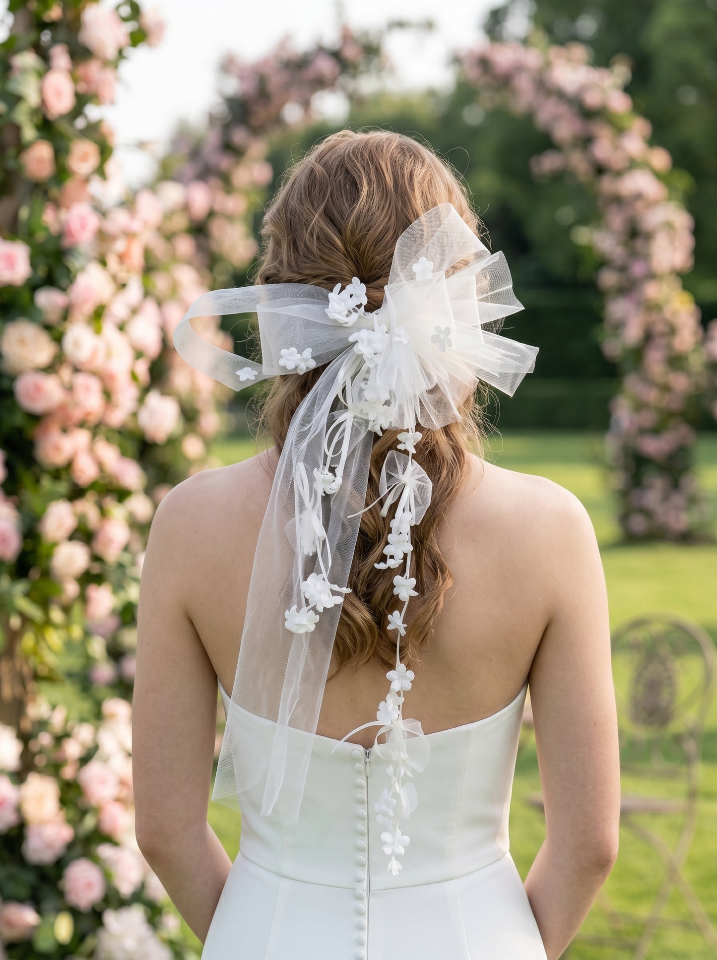 Romantic Mesh Tulle Bow Wedding Hair Piece Shabby Chic 3D Flower Mini Veil for Rehearsal Dinner | LUNA-X220