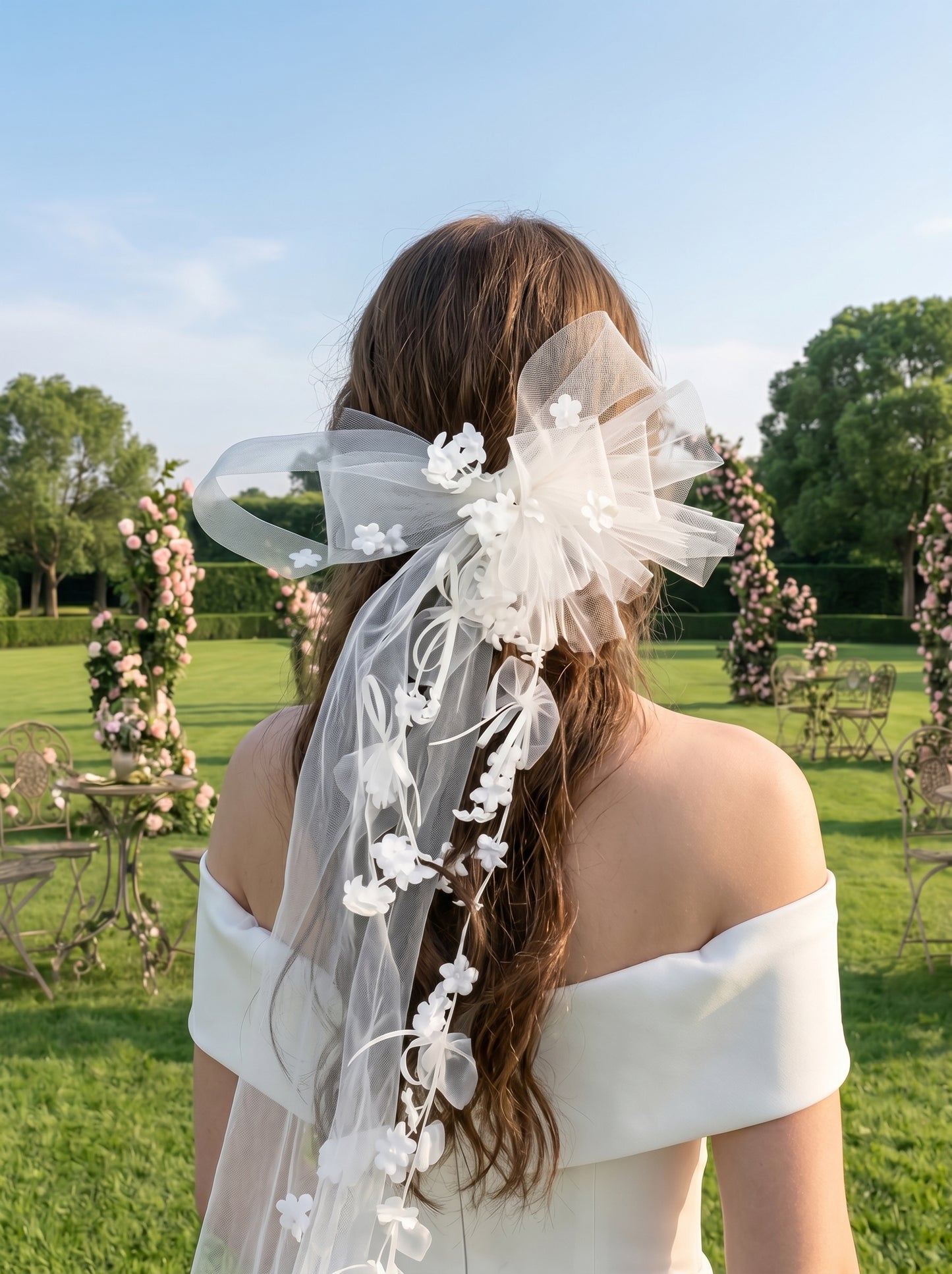 Romantic Mesh Tulle Bow Wedding Hair Piece Shabby Chic 3D Flower Mini Veil for Rehearsal Dinner | LUNA-X220