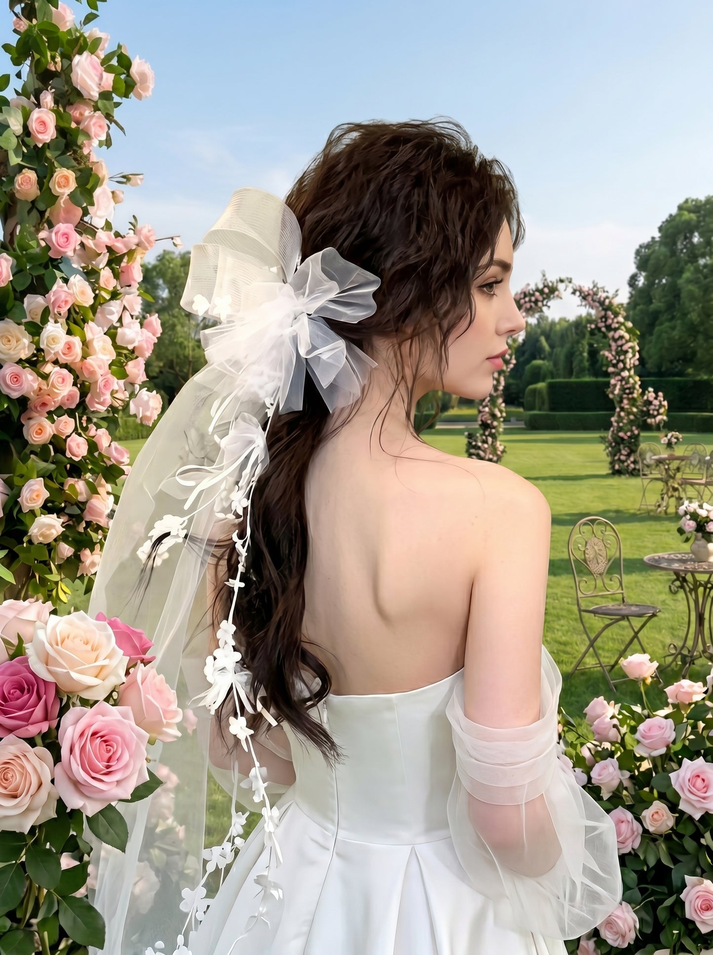 Romantic Mesh Tulle Bow Wedding Hair Piece Shabby Chic 3D Flower Mini Veil for Rehearsal Dinner | LUNA-X220