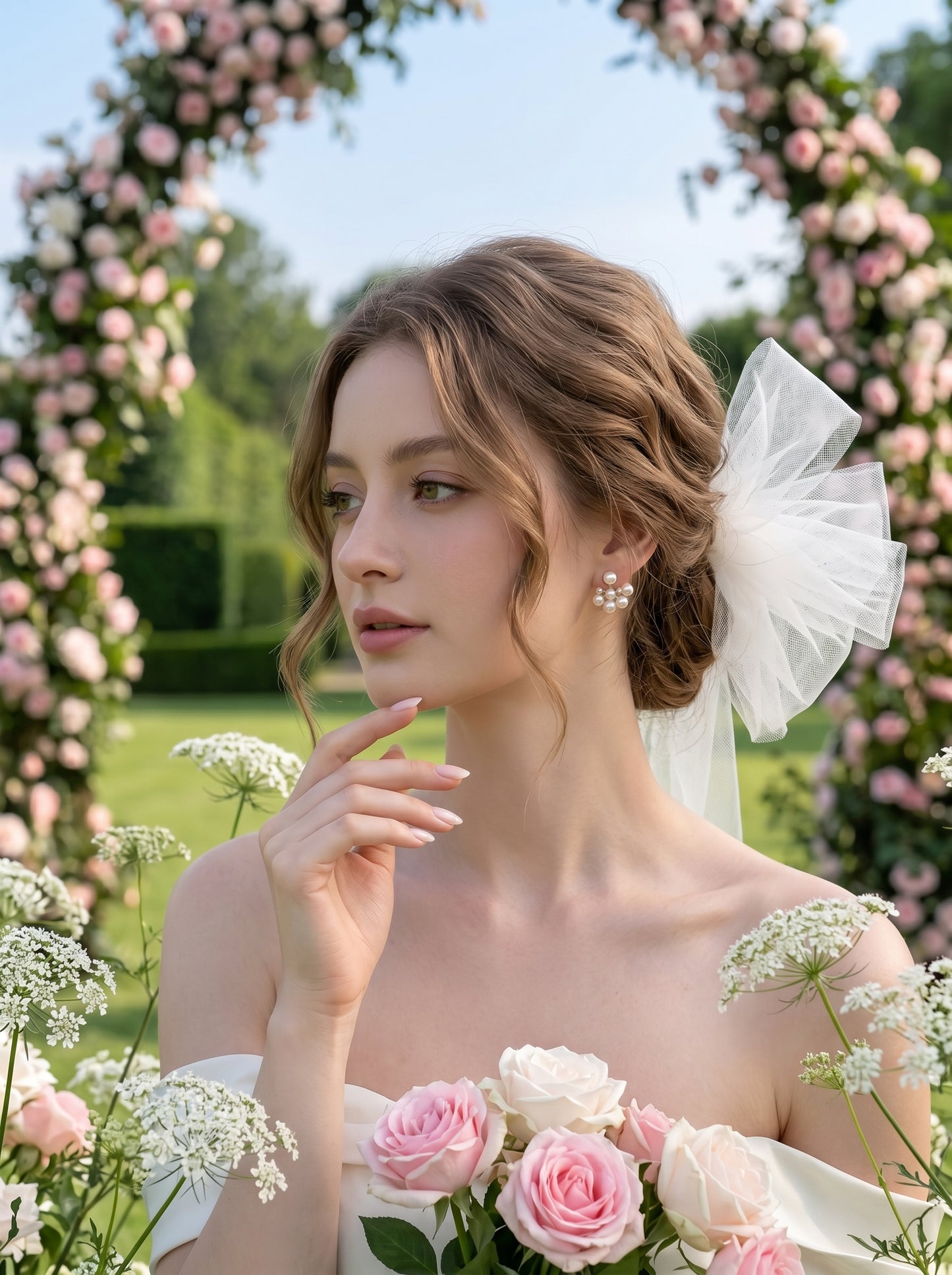 Romantic Mesh Tulle Bow Wedding Hair Piece Shabby Chic 3D Flower Mini Veil for Rehearsal Dinner | LUNA-X220