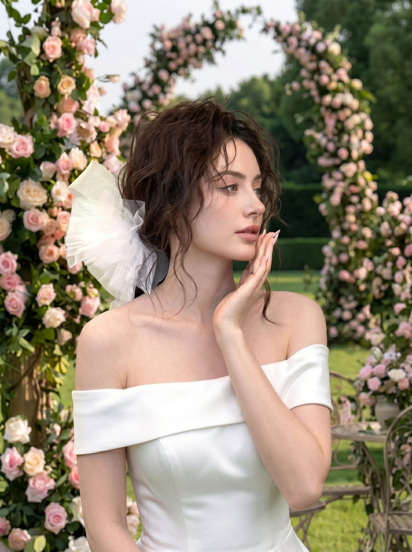 Romantic Mesh Tulle Bow Wedding Hair Piece Shabby Chic 3D Flower Mini Veil for Rehearsal Dinner | LUNA-X220