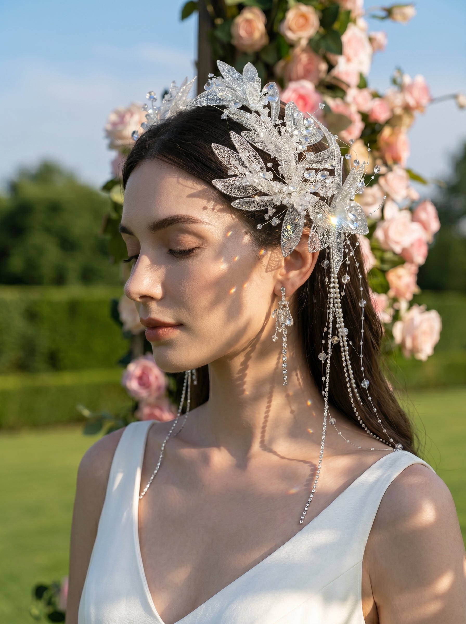 Crystalline Ice Leaf Wedding Hair Accessory Collection Customizable Modular Bridal Tiara Clips and Ear Cuff Set | LUNA-X221