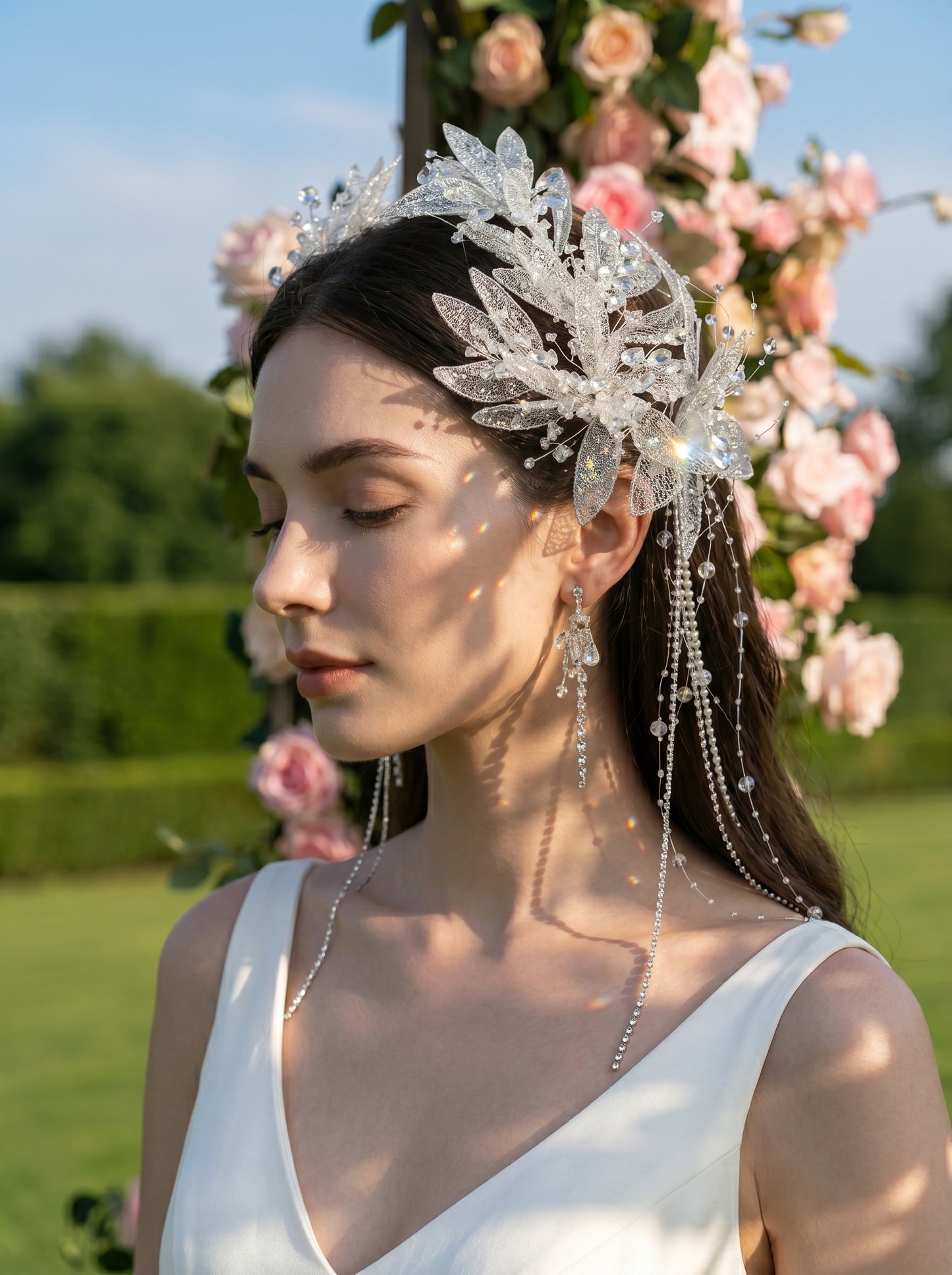 Crystalline Ice Leaf Wedding Hair Accessory Collection Customizable Modular Bridal Tiara Clips and Ear Cuff Set | LUNA-X221