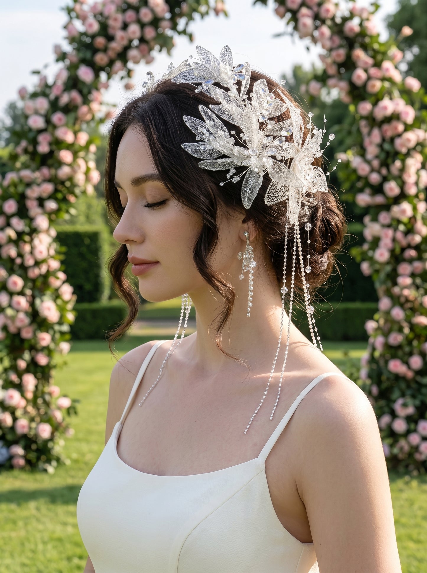 Crystalline Ice Leaf Wedding Hair Accessory Collection Customizable Modular Bridal Tiara Clips and Ear Cuff Set | LUNA-X221