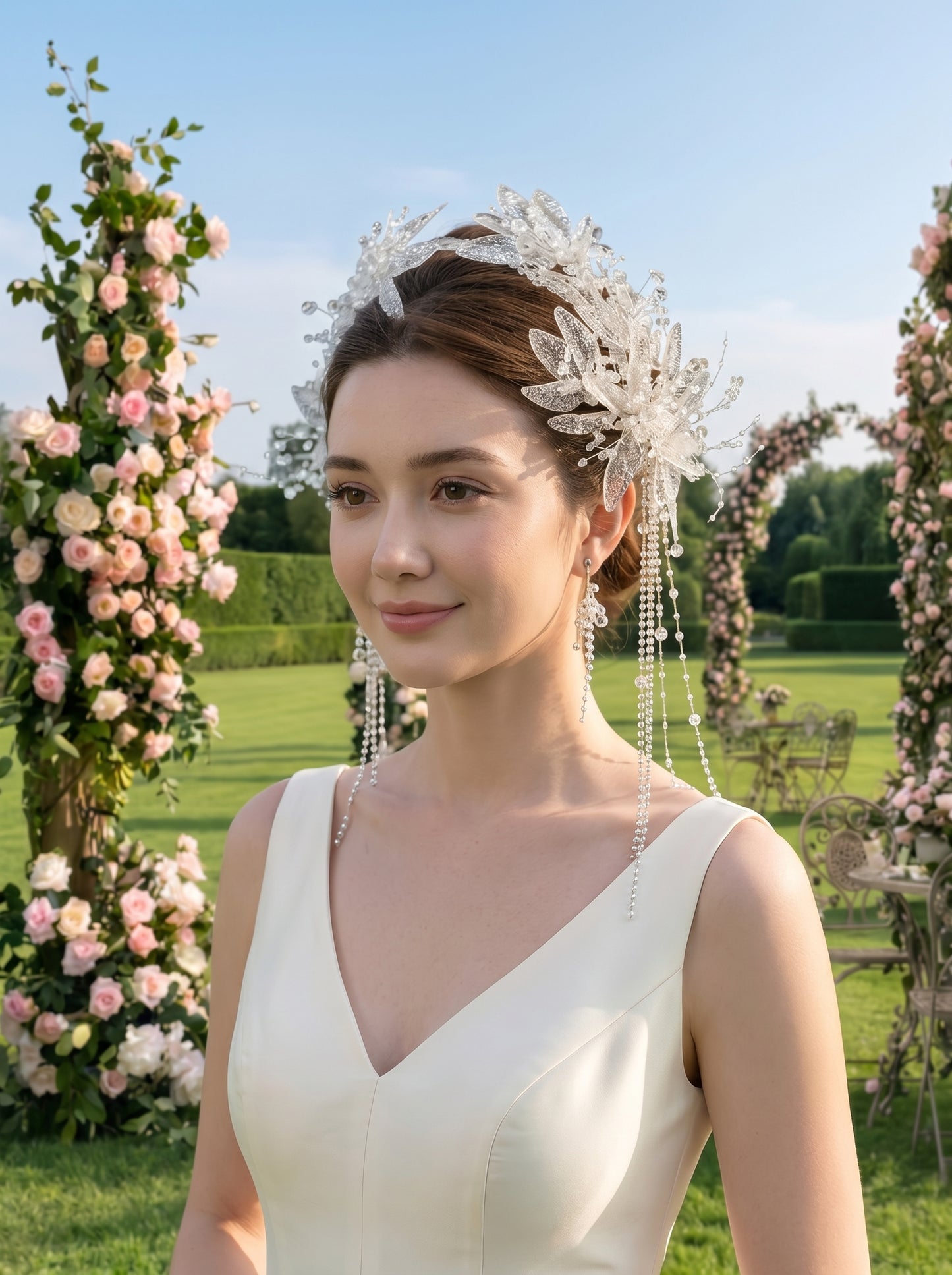 Crystalline Ice Leaf Wedding Hair Accessory Collection Customizable Modular Bridal Tiara Clips and Ear Cuff Set | LUNA-X221