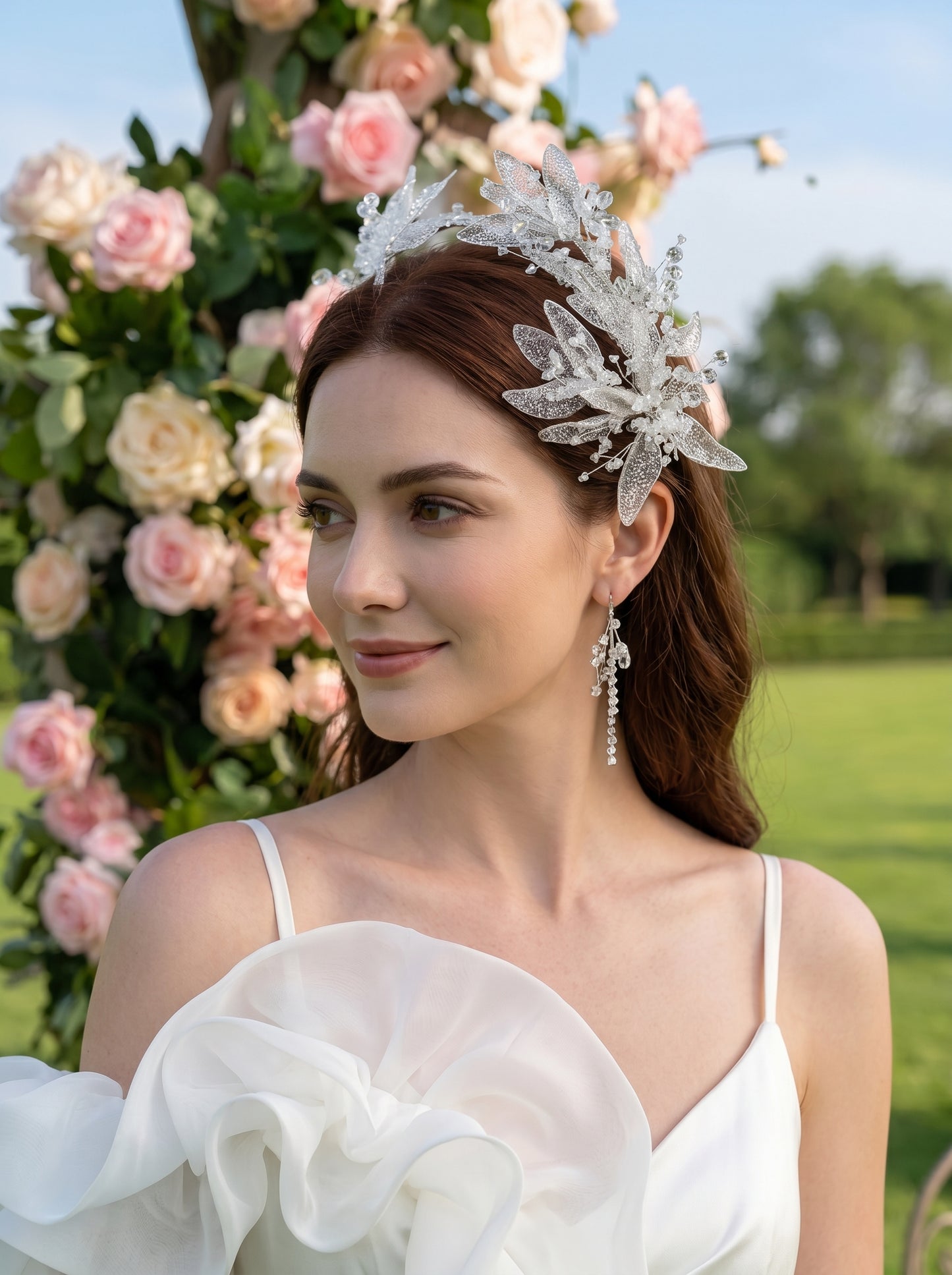 Crystalline Ice Leaf Wedding Hair Accessory Collection Customizable Modular Bridal Tiara Clips and Ear Cuff Set | LUNA-X221