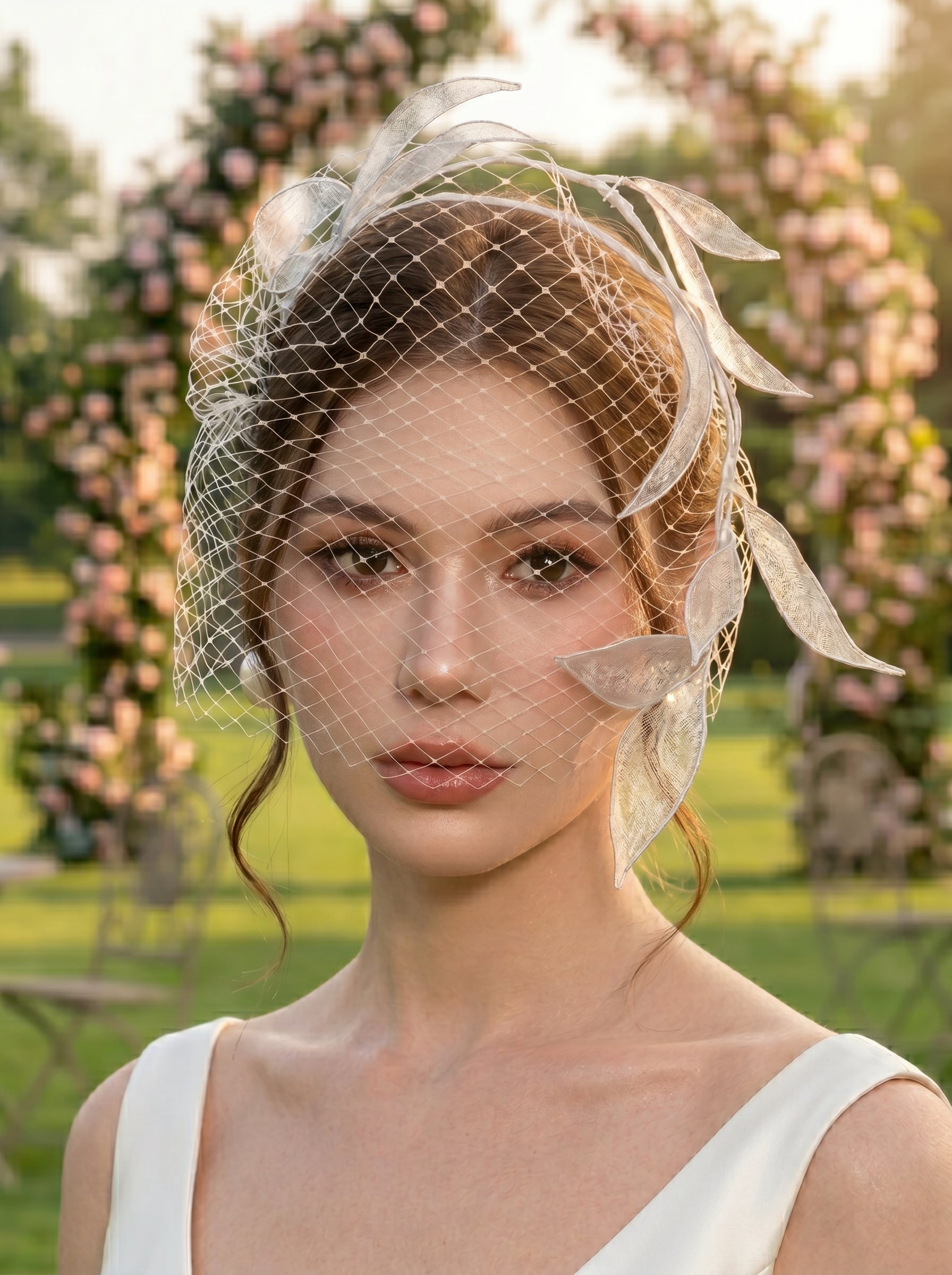 Retro Russian Netting Blusher Veil - Artistic Leaf Botanical Wedding Hair Piece for Rehearsal Dinner Elopement  LUNA-X222