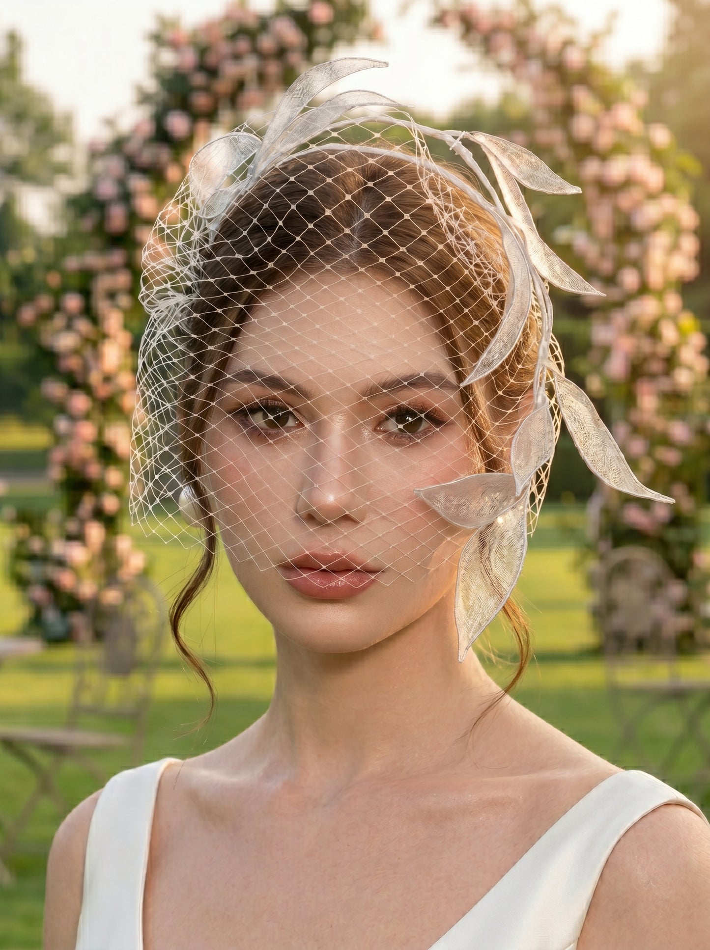 Retro Russian Netting Blusher Veil - Artistic Leaf Botanical Wedding Hair Piece for Rehearsal Dinner Elopement  LUNA-X222