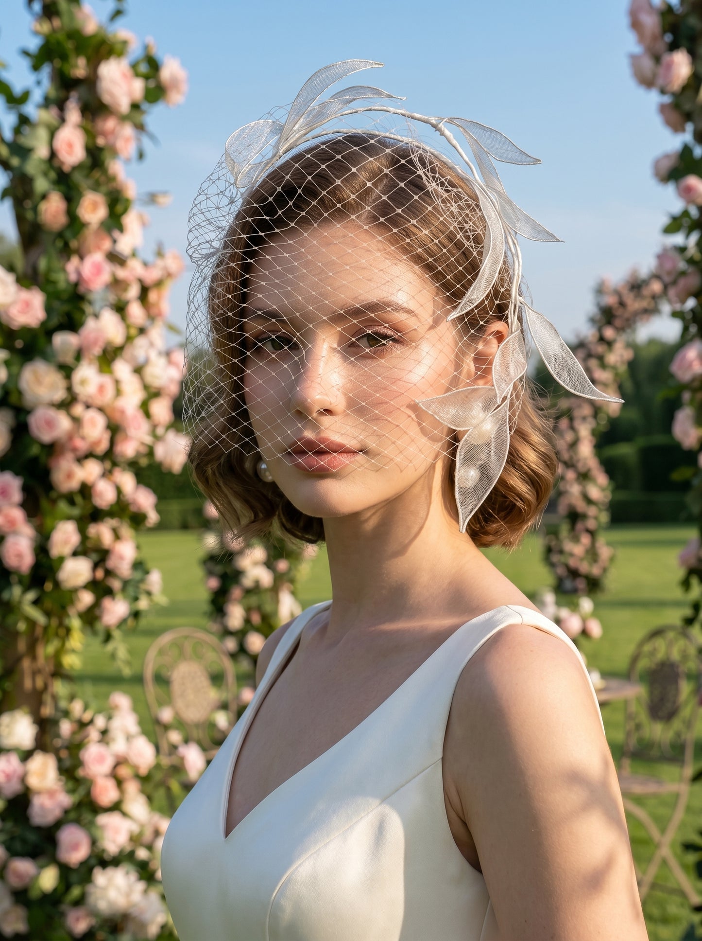 Retro Russian Netting Blusher Veil - Artistic Leaf Botanical Wedding Hair Piece for Rehearsal Dinner Elopement  LUNA-X222
