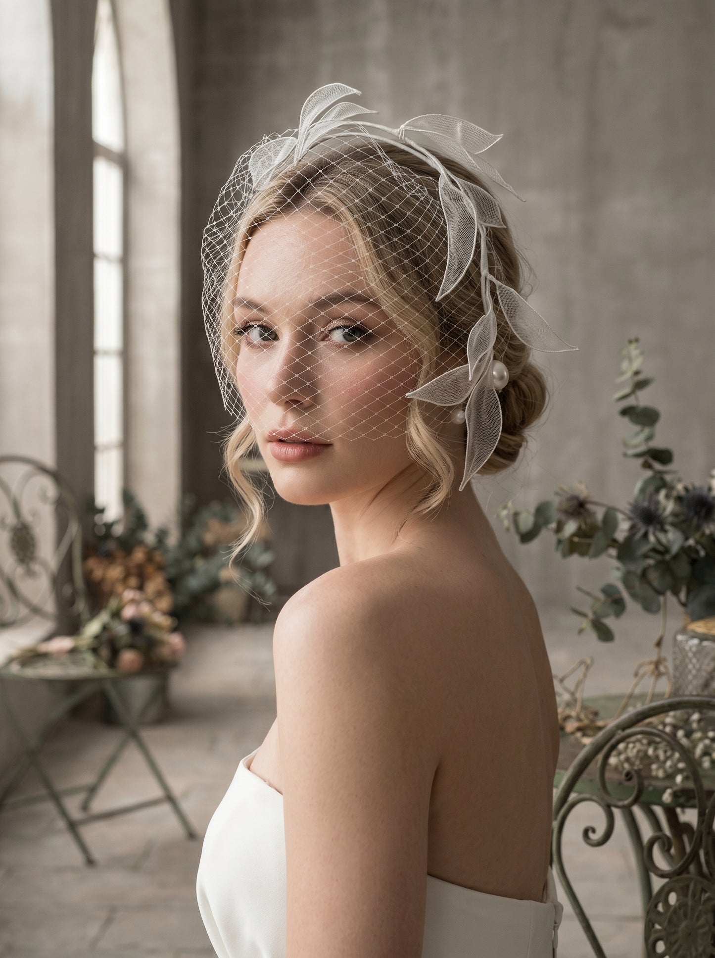 Retro Russian Netting Blusher Veil - Artistic Leaf Botanical Wedding Hair Piece for Rehearsal Dinner Elopement  LUNA-X222