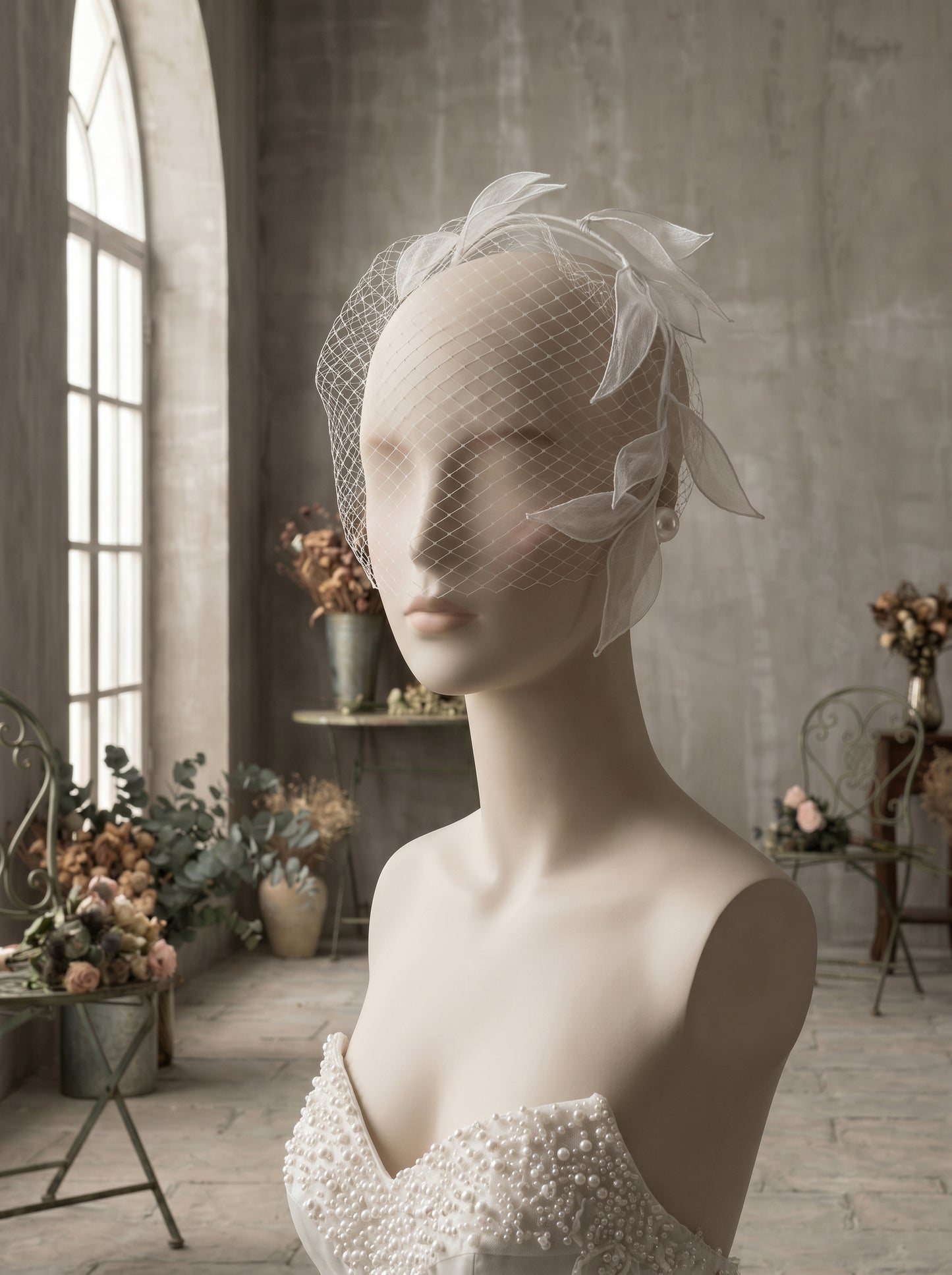 Retro Russian Netting Blusher Veil - Artistic Leaf Botanical Wedding Hair Piece for Rehearsal Dinner Elopement  LUNA-X222