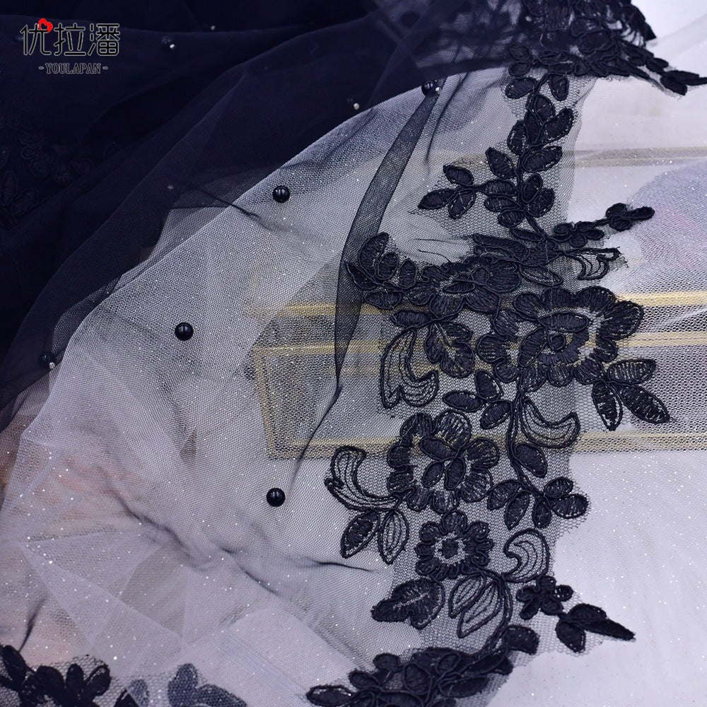 Dual Shoulder Wedding Cape Shawl 300x160cm - Beaded Lace Edge Bridal Wings for Low Back Dress Gothic Black Ivory  LUNA-X224