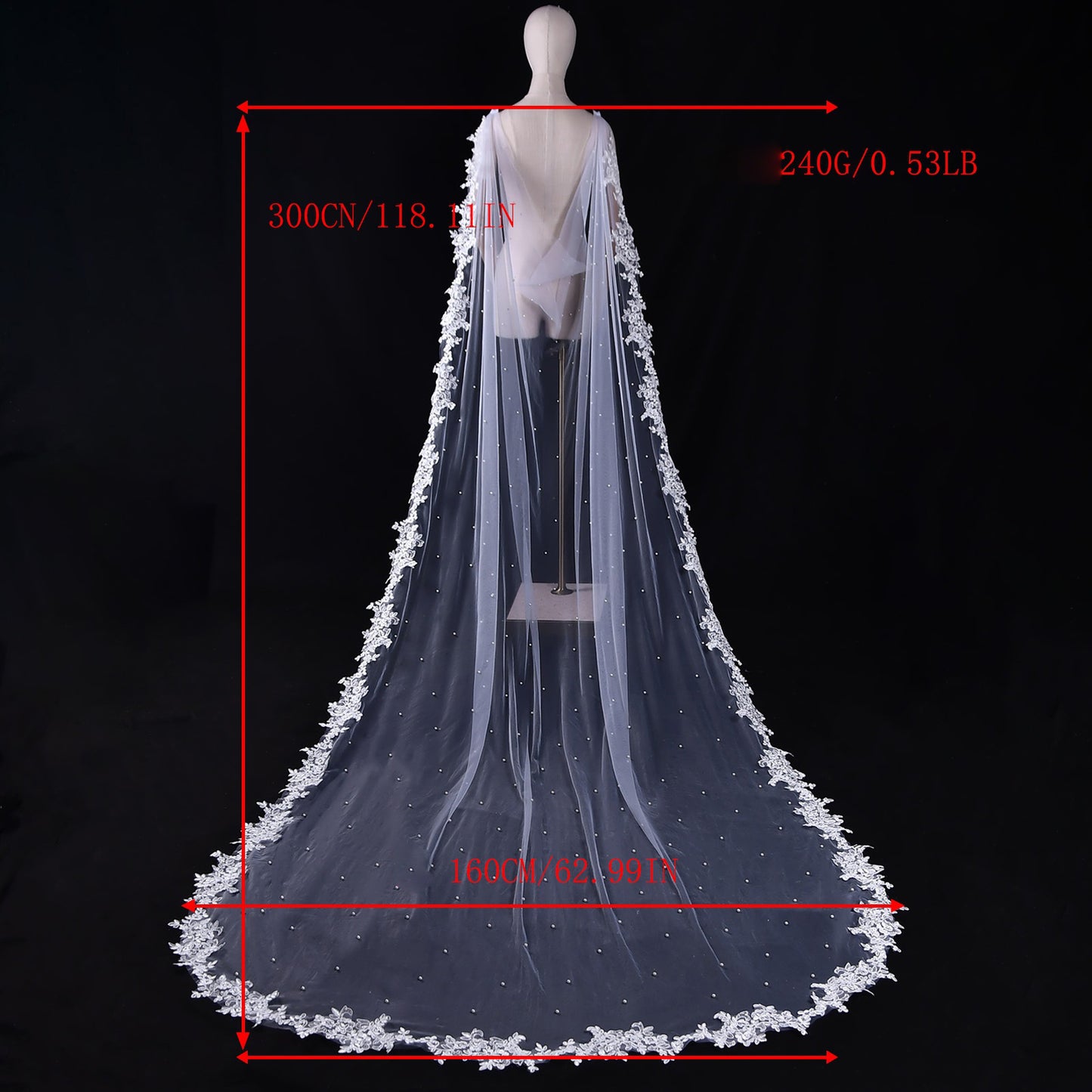Dual Shoulder Wedding Cape Shawl 300x160cm - Beaded Lace Edge Bridal Wings for Low Back Dress Gothic Black Ivory  LUNA-X224