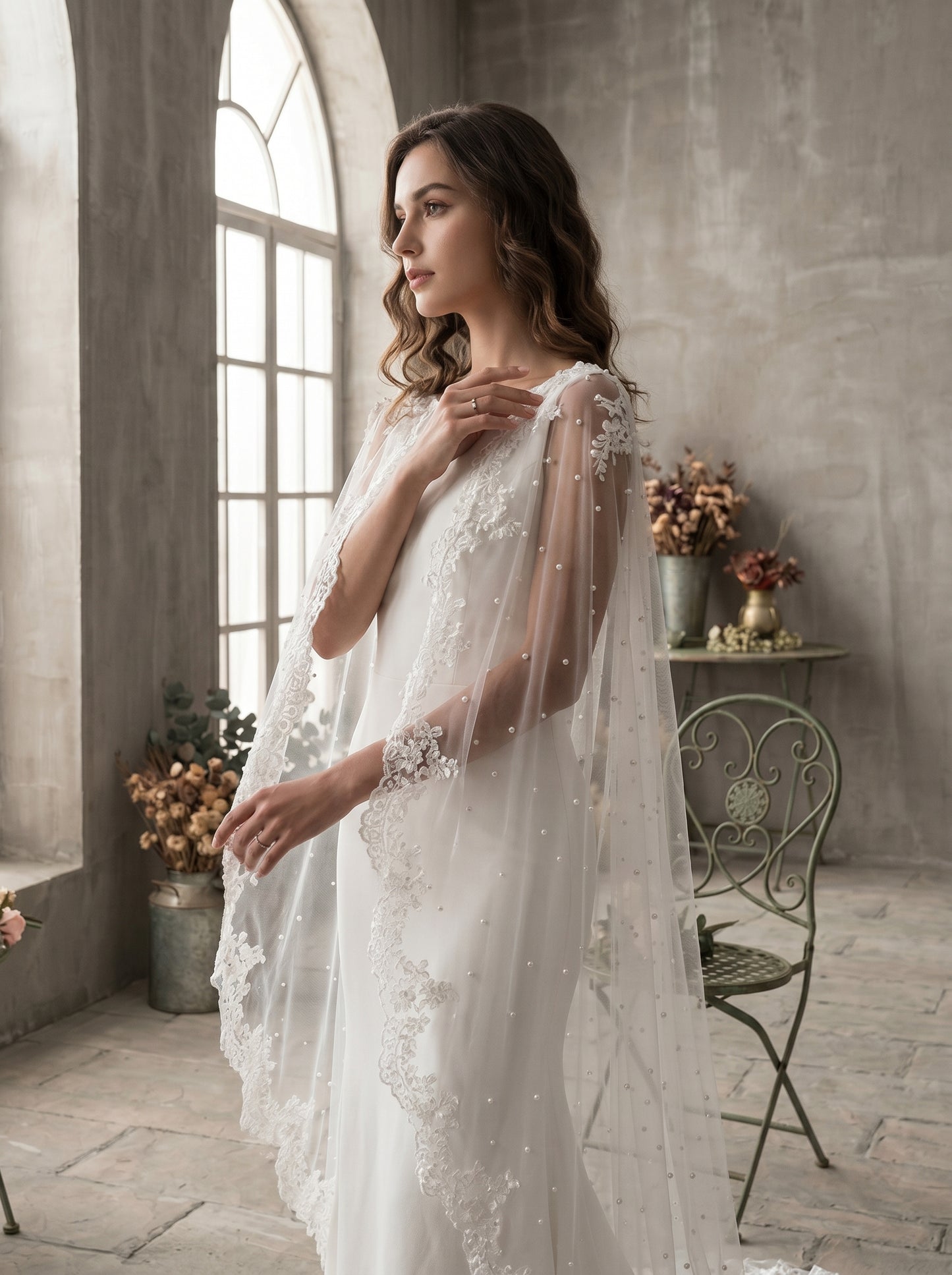 Dual Shoulder Wedding Cape Shawl 300x160cm - Beaded Lace Edge Bridal Wings for Low Back Dress Gothic Black Ivory  LUNA-X224