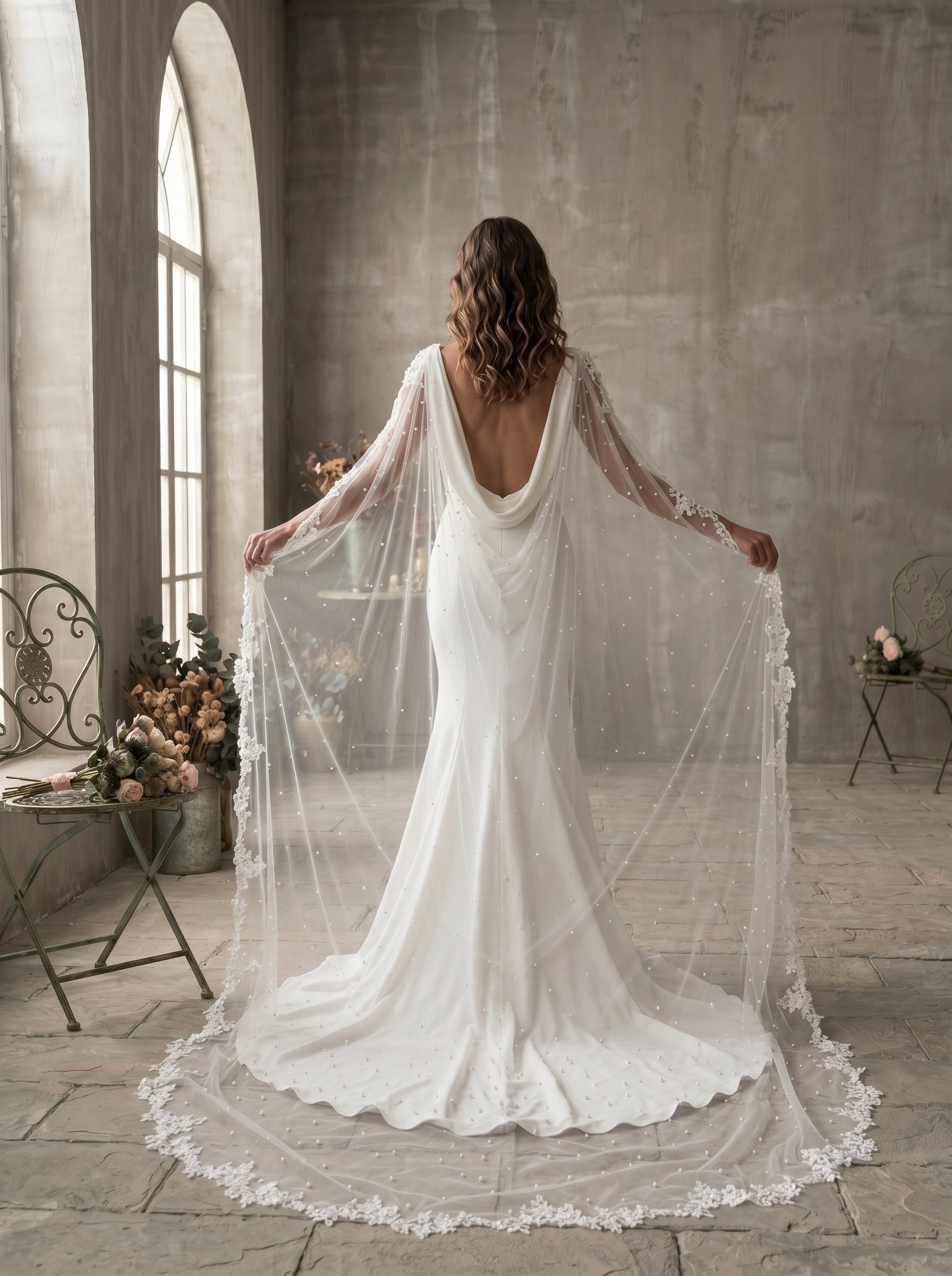 Dual Shoulder Wedding Cape Shawl 300x160cm - Beaded Lace Edge Bridal Wings for Low Back Dress Gothic Black Ivory  LUNA-X224