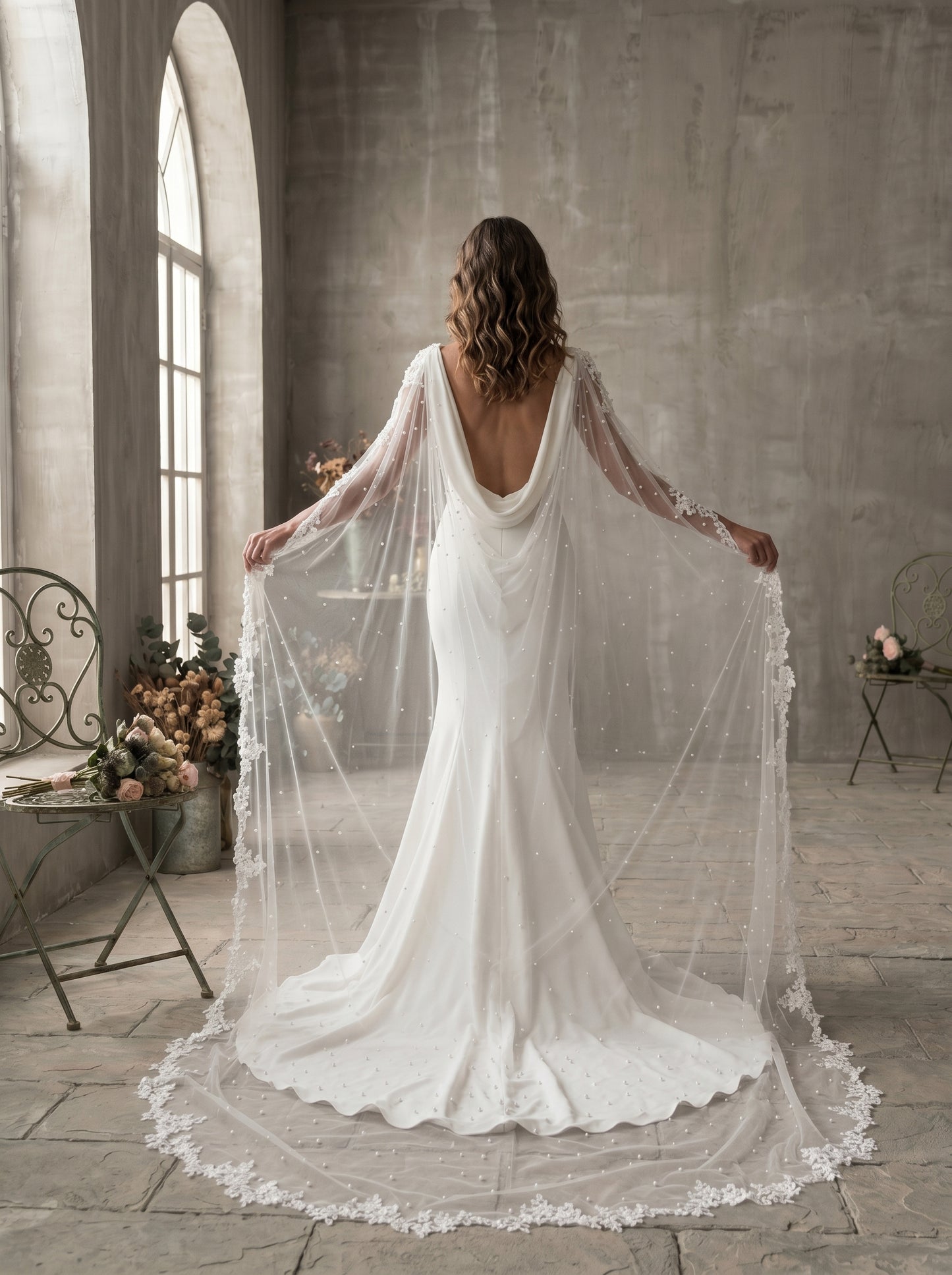 Dual Shoulder Wedding Cape Shawl 300x160cm - Beaded Lace Edge Bridal Wings for Low Back Dress Gothic Black Ivory  LUNA-X224