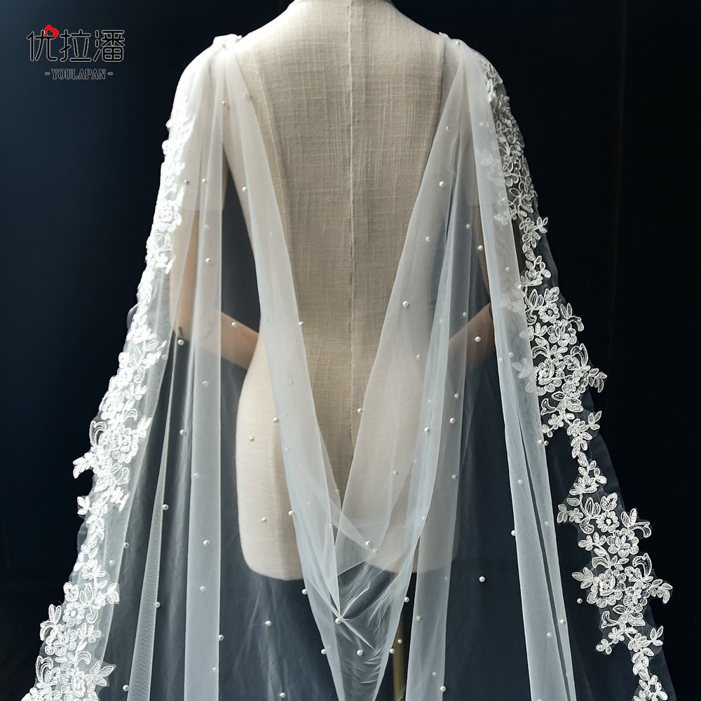 Dual Shoulder Wedding Cape Shawl 300x160cm - Beaded Lace Edge Bridal Wings for Low Back Dress Gothic Black Ivory  LUNA-X224