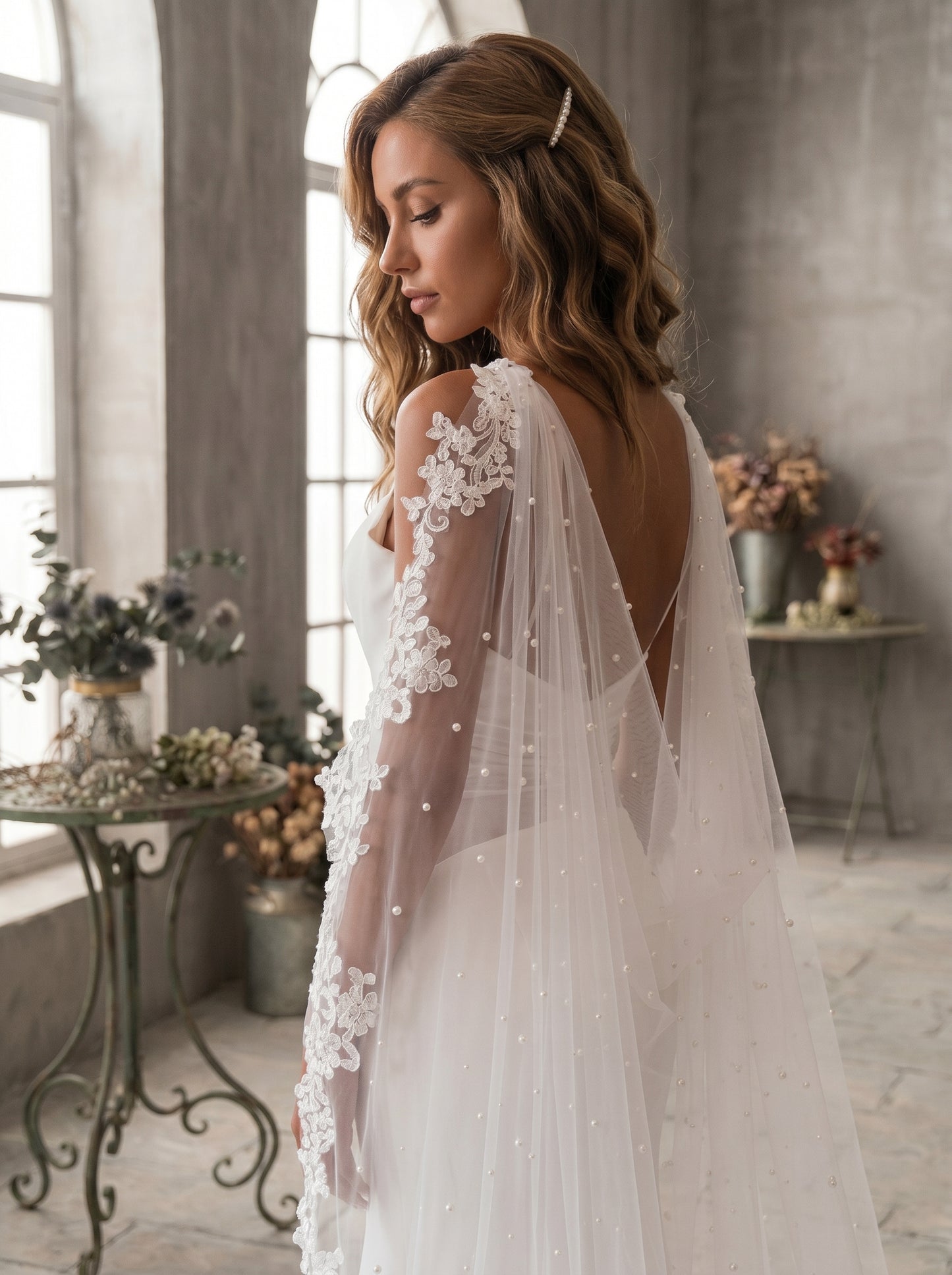 Dual Shoulder Wedding Cape Shawl 300x160cm - Beaded Lace Edge Bridal Wings for Low Back Dress Gothic Black Ivory  LUNA-X224