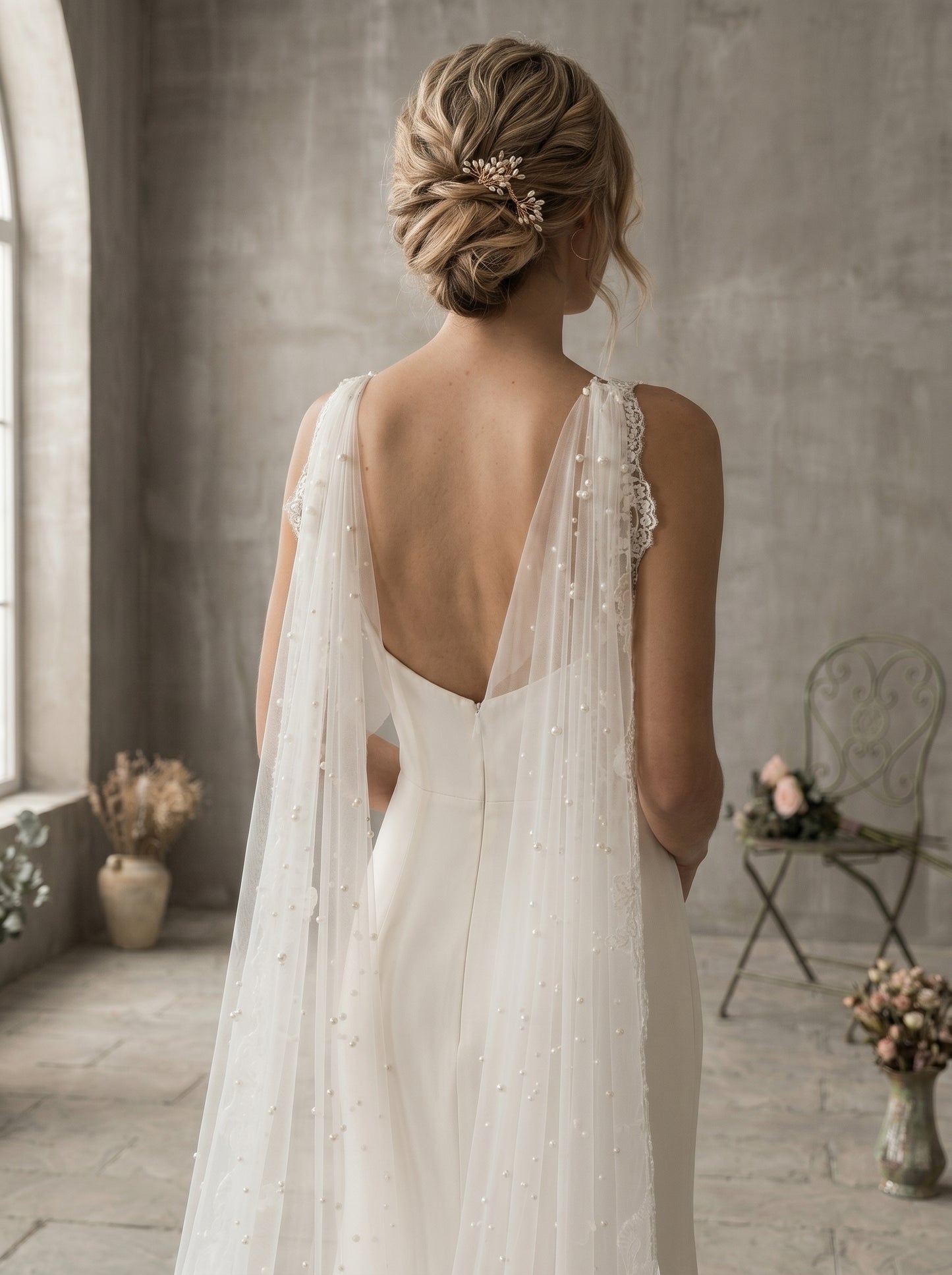 Dual Shoulder Wedding Cape Shawl 300x160cm - Beaded Lace Edge Bridal Wings for Low Back Dress Gothic Black Ivory  LUNA-X224