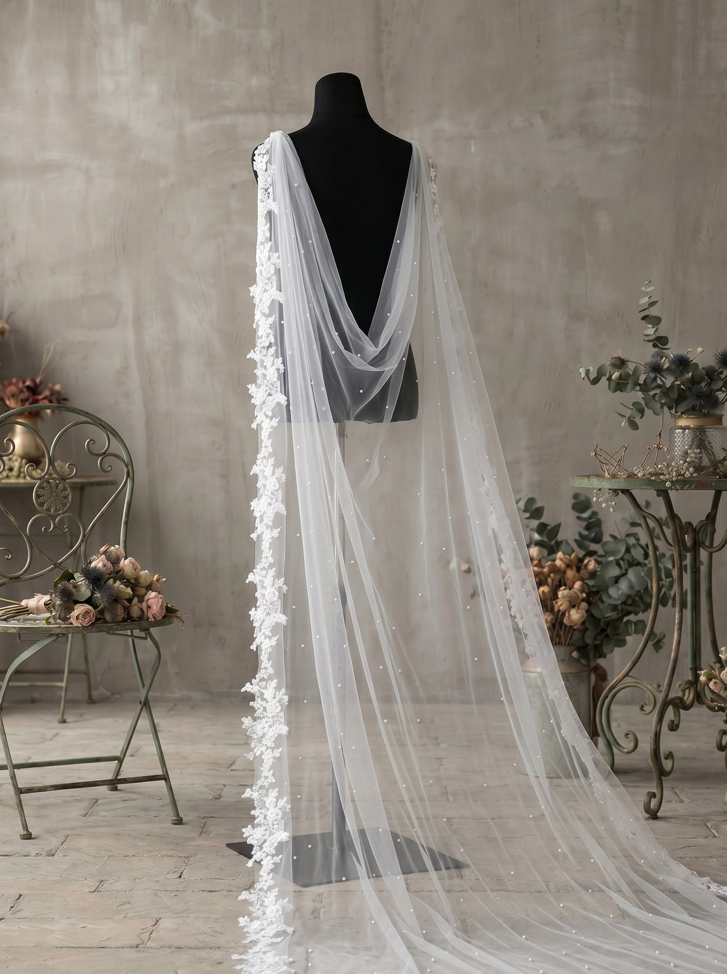 Dual Shoulder Wedding Cape Shawl 300x160cm - Beaded Lace Edge Bridal Wings for Low Back Dress Gothic Black Ivory  LUNA-X224