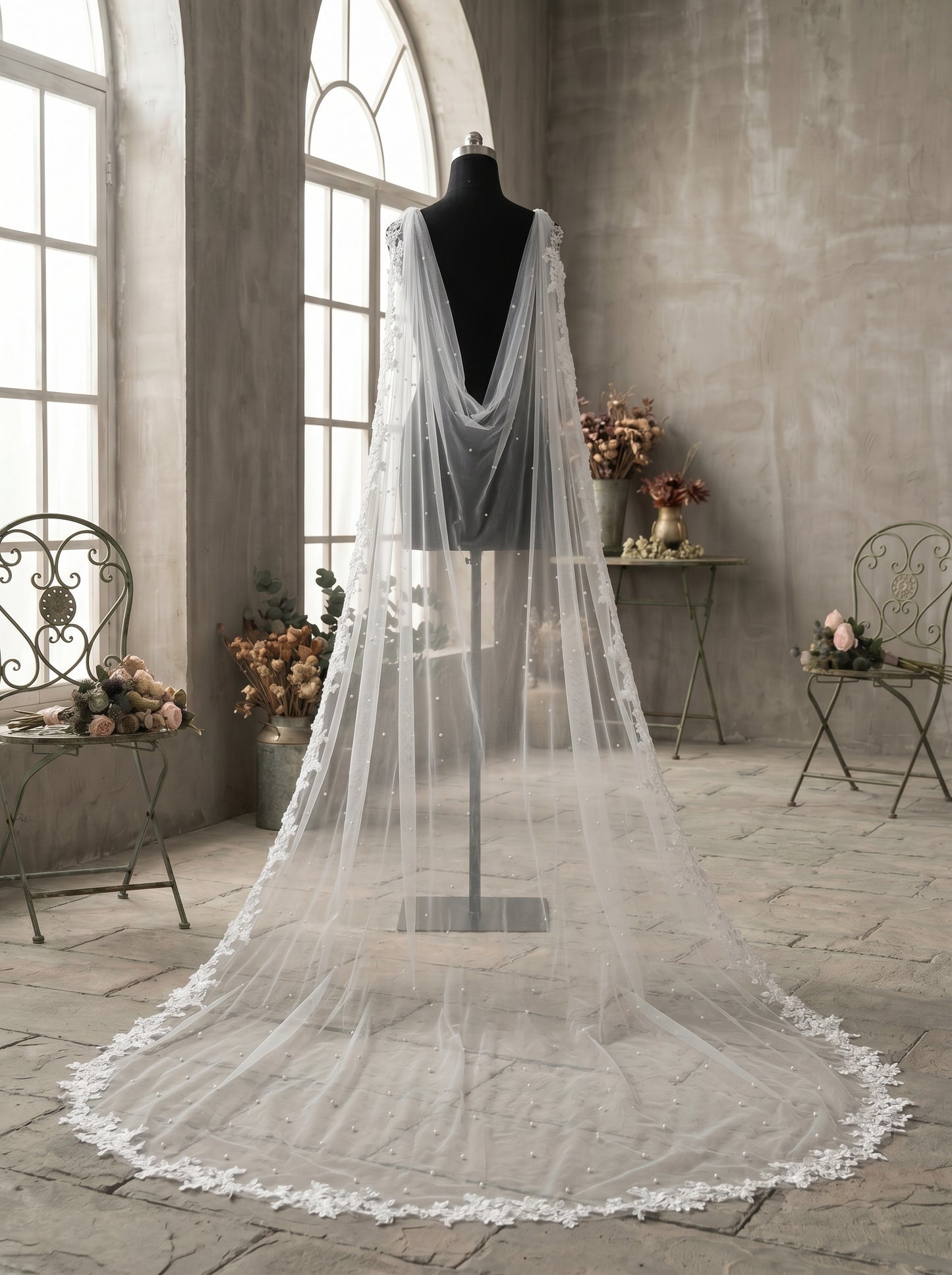 Dual Shoulder Wedding Cape Shawl 300x160cm - Beaded Lace Edge Bridal Wings for Low Back Dress Gothic Black Ivory  LUNA-X224