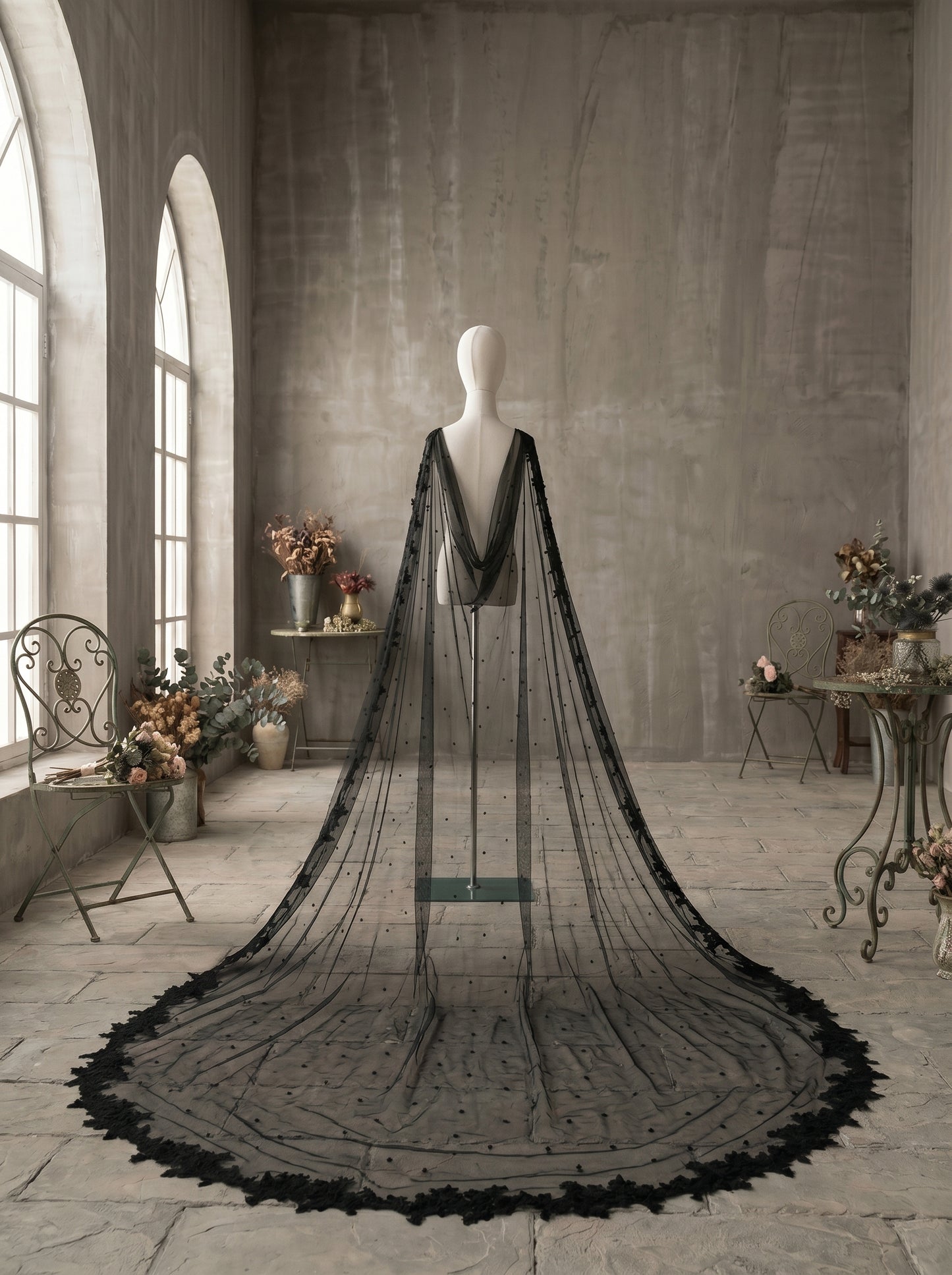 Dual Shoulder Wedding Cape Shawl 300x160cm - Beaded Lace Edge Bridal Wings for Low Back Dress Gothic Black Ivory  LUNA-X224