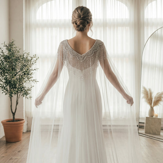 Sparkly Sequin Tassel Bridal Cape Veil - 118 Inch Cathedral Length Wedding Cape Soft Tulle Cathedral Bridal Train Shawl LUNA-X232