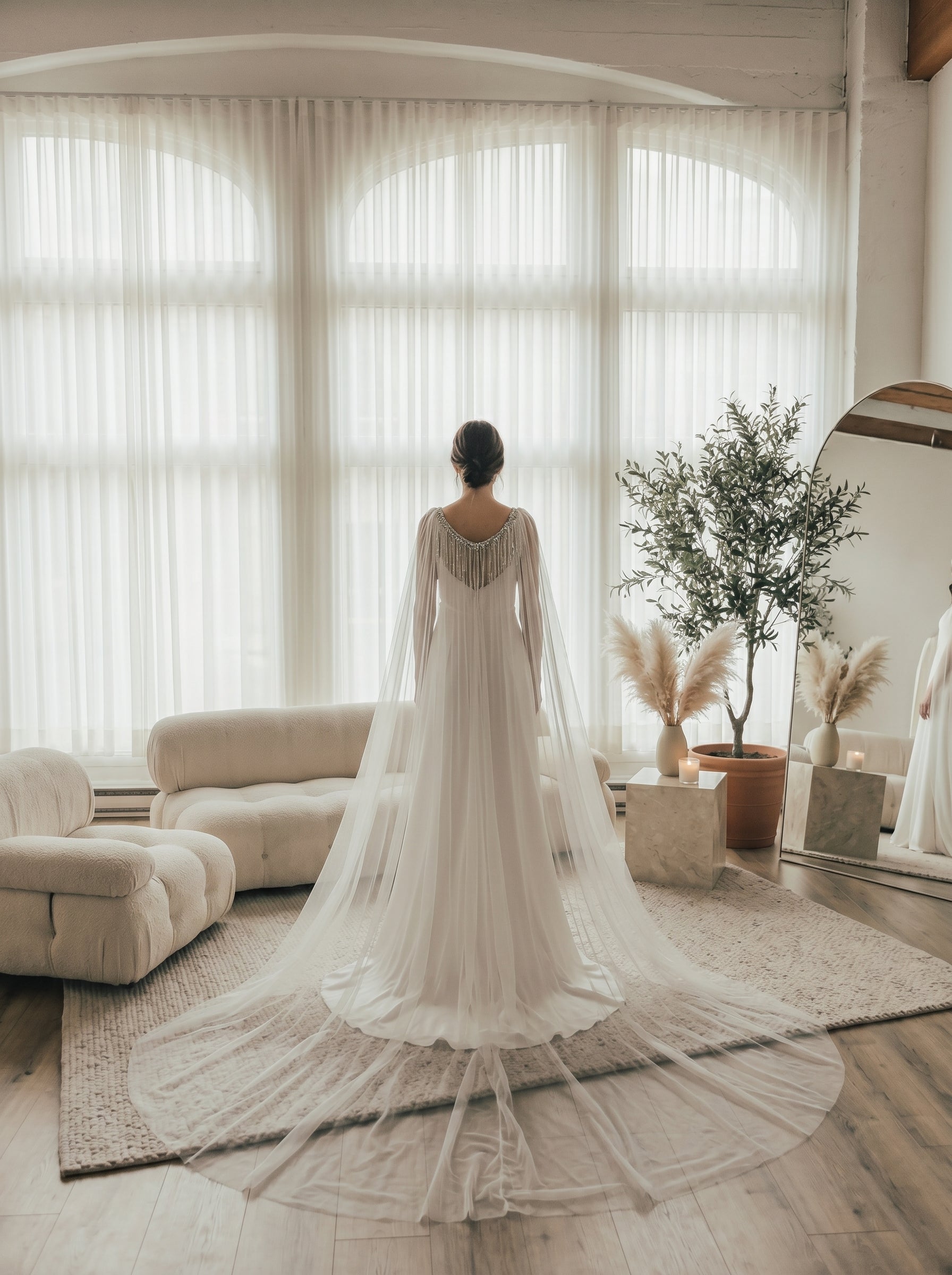 Sparkly Sequin Tassel Bridal Cape Veil - 118 Inch Cathedral Length Wedding Cape Soft Tulle Cathedral Bridal Train Shawl LUNA-X232