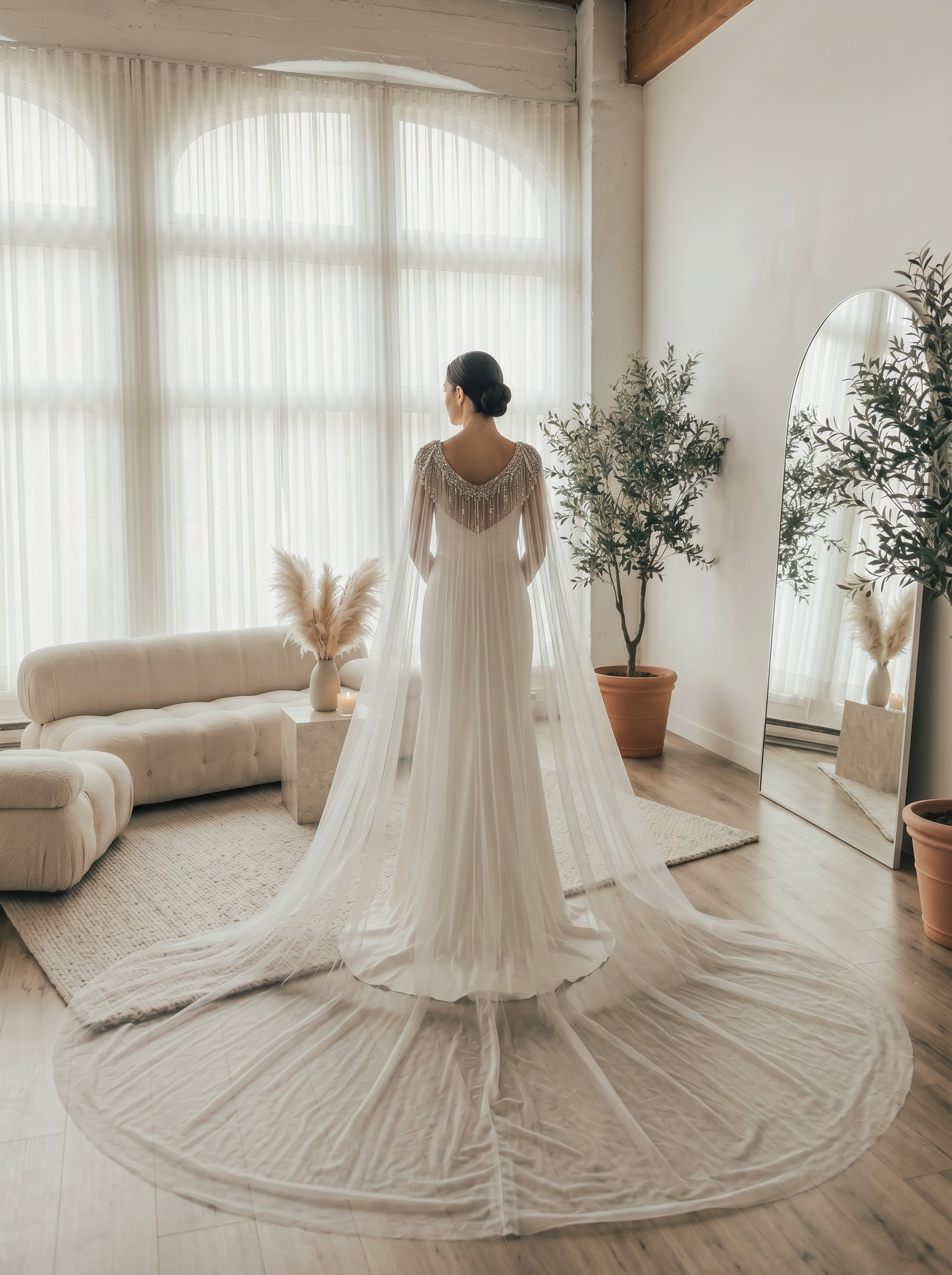 Sparkly Sequin Tassel Bridal Cape Veil - 118 Inch Cathedral Length Wedding Cape Soft Tulle Cathedral Bridal Train Shawl LUNA-X232