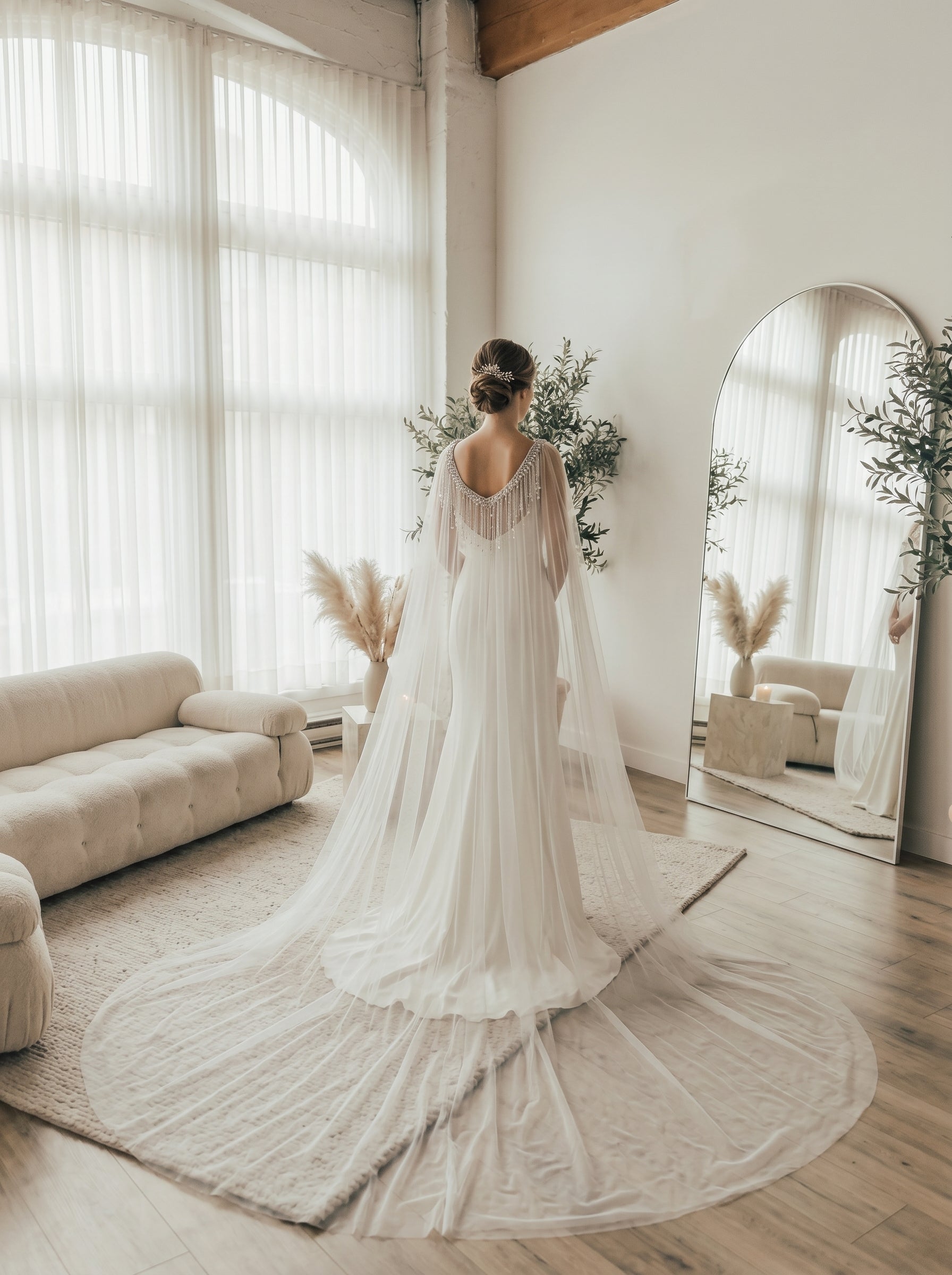 Sparkly Sequin Tassel Bridal Cape Veil - 118 Inch Cathedral Length Wedding Cape Soft Tulle Cathedral Bridal Train Shawl LUNA-X232